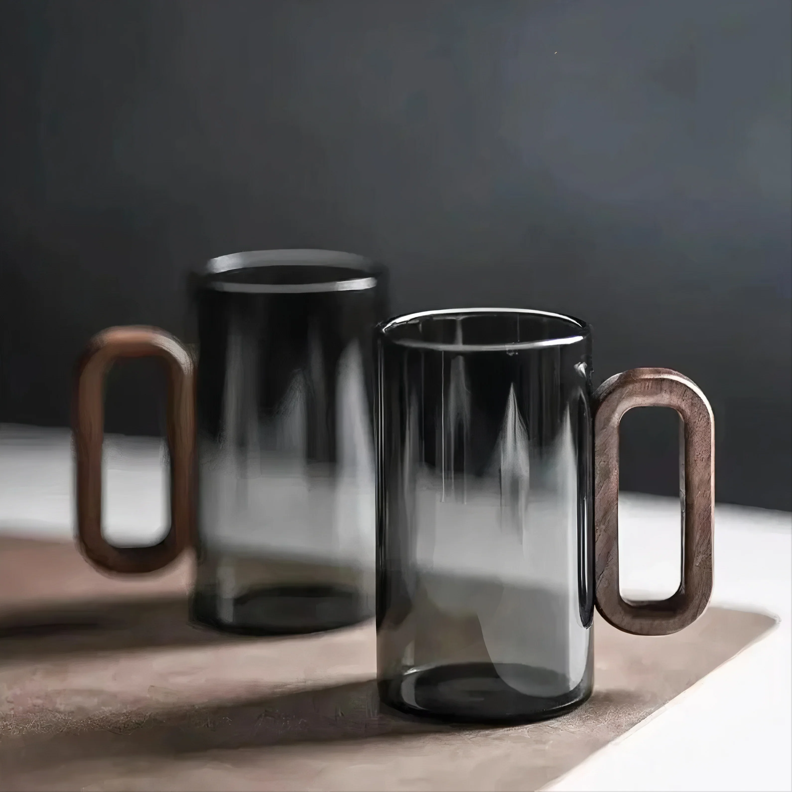 Smokey Gray Glass Slim Coffee Cups With Wooden Handle