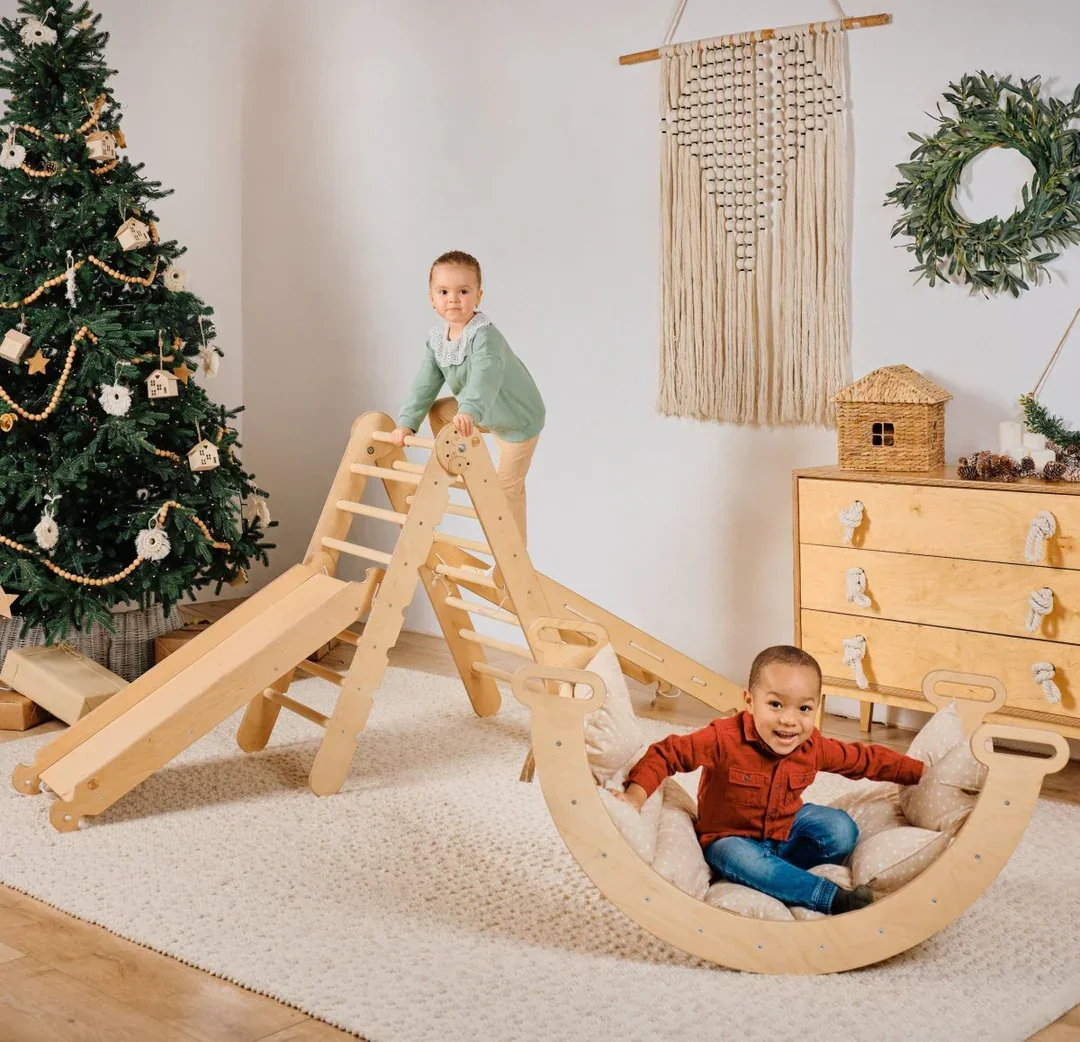 5in1 Montessori Climbing Frame: Pikler Triangle + Arch/Rocker + Slide Board/Ramp + Netting rope + Cushion