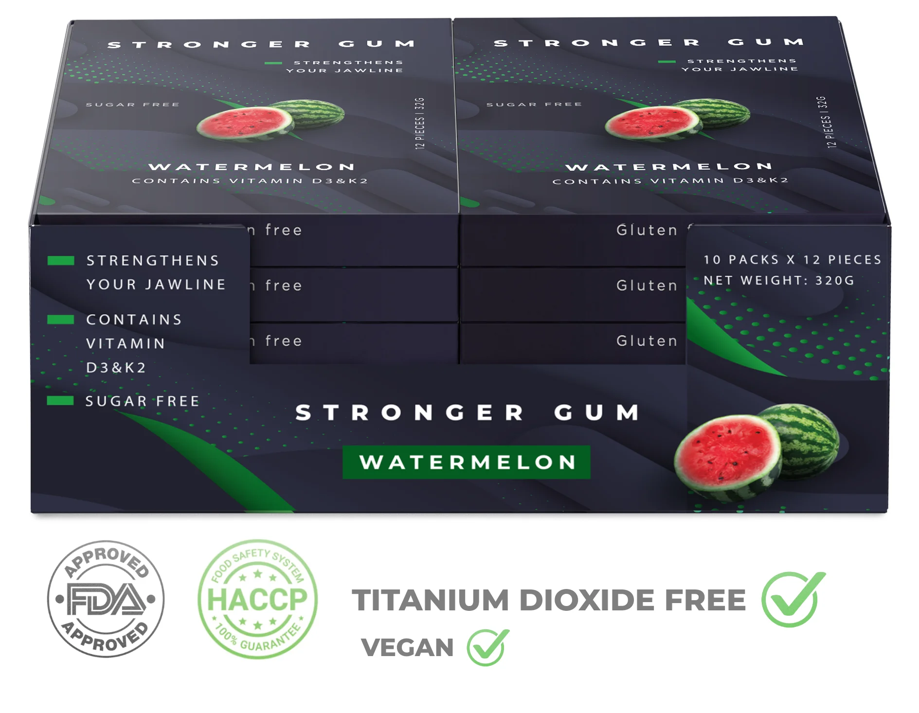 Regular: Watermelon Sugar Free, 120 pieces (320g) - Hard gum | Specific Shore Rigidity for Jaw Growth