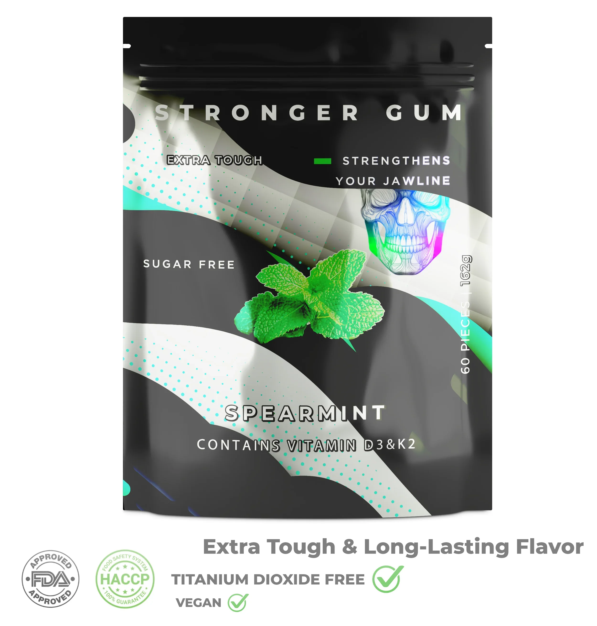 Extra Tough: Spearmint Sugar Free, 60 Pieces (162g) - Hard gum | Specific Shore Rigidity for Jaw Growth