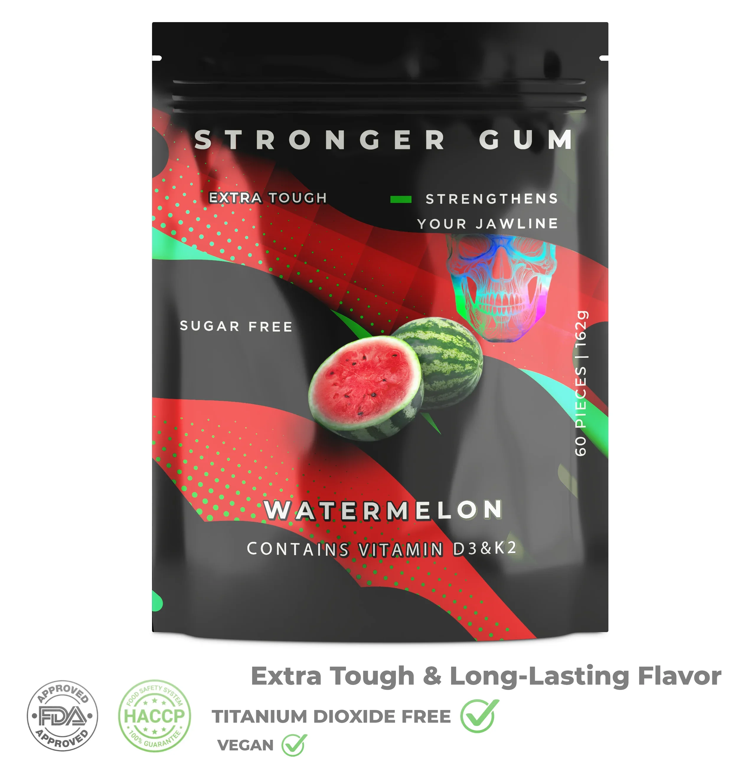 Extra Tough: Watermelon Sugar Free, 60 Pieces (162g) - Hard gum | Specific Shore Rigidity for Jaw Growth