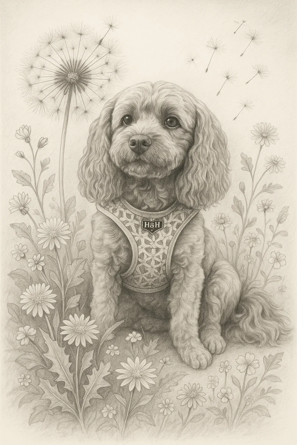 Botanical pet portrait in pencil sketch style