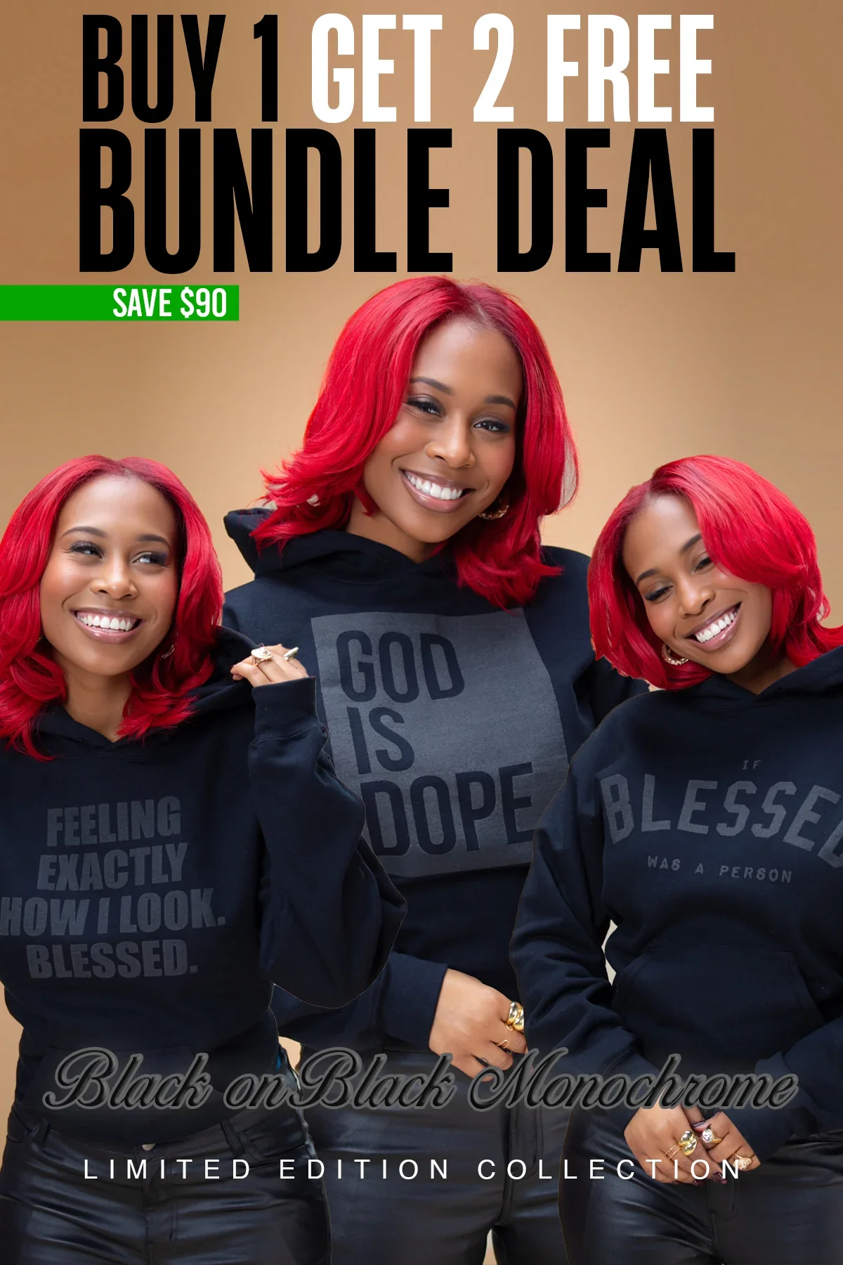 **3 Hoodie Bundle** Monochromatic Lightweight Box Logo (Black on Off-Black)