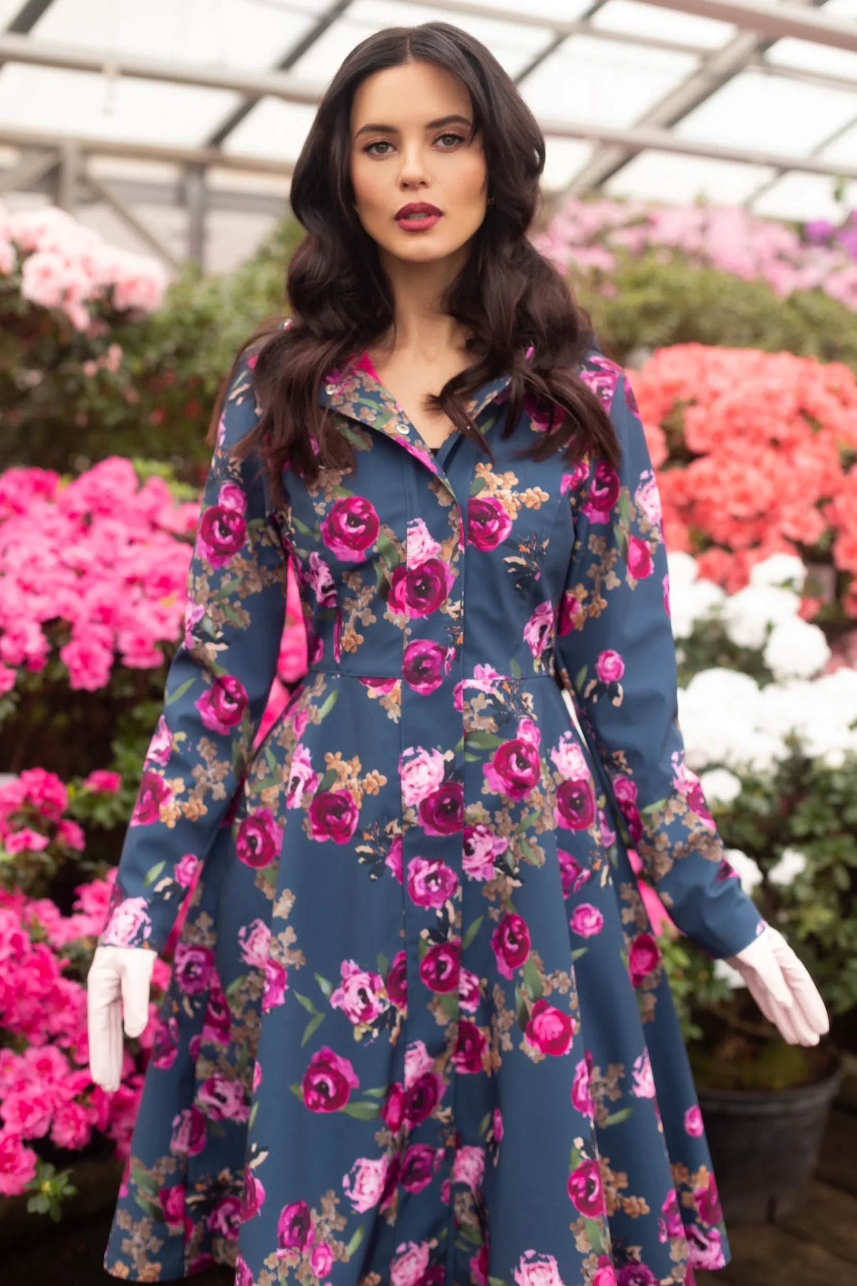 Fit and Flare Coat with Pleated Back in Blue and Pink | Misty Rose