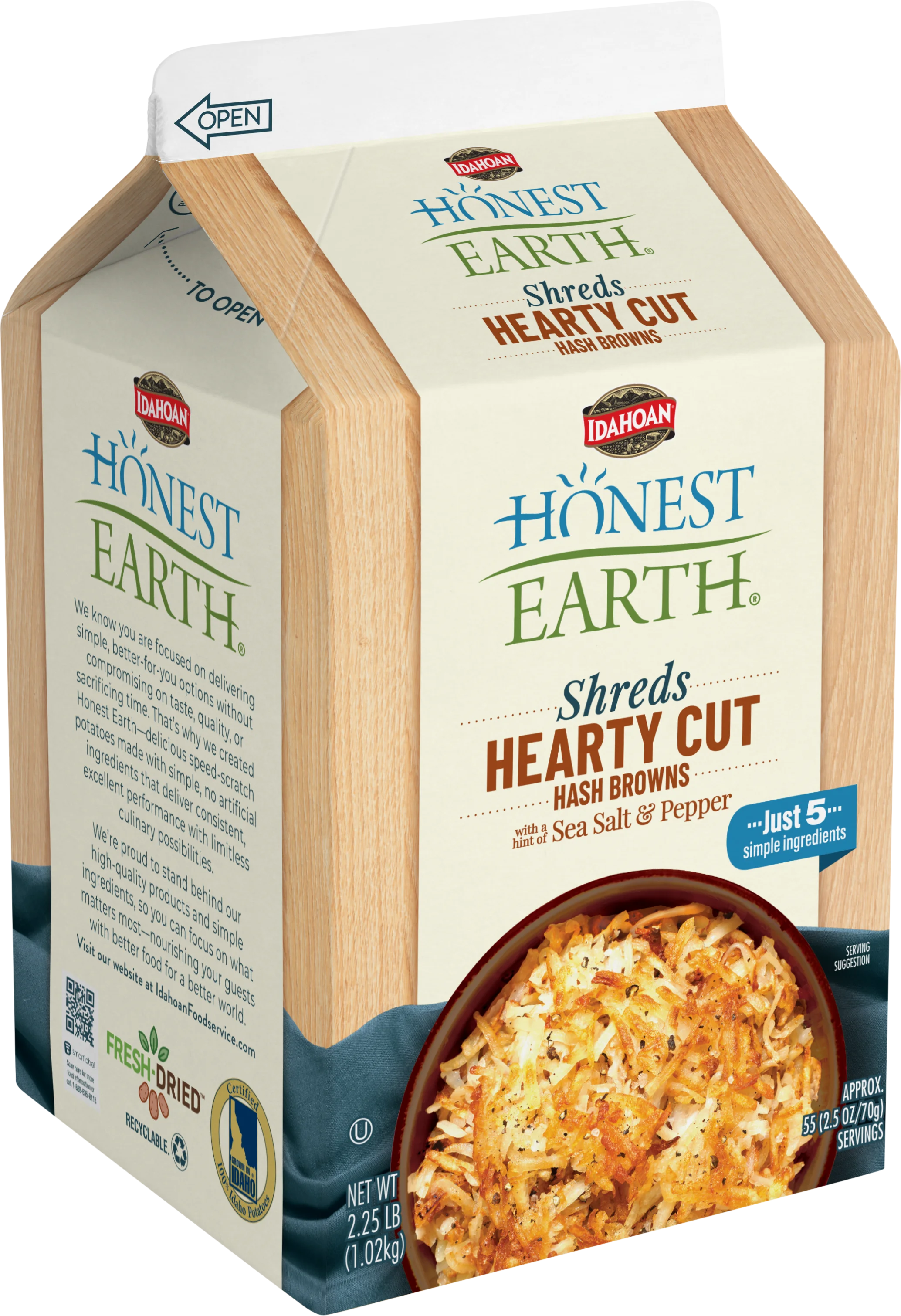 Idahoan® Honest Earth® SHREDS Hearty Cut Hash Brown Shredded Potatoes with a hint of Sea Salt & Pepper, 6/2.25 lb. ctns