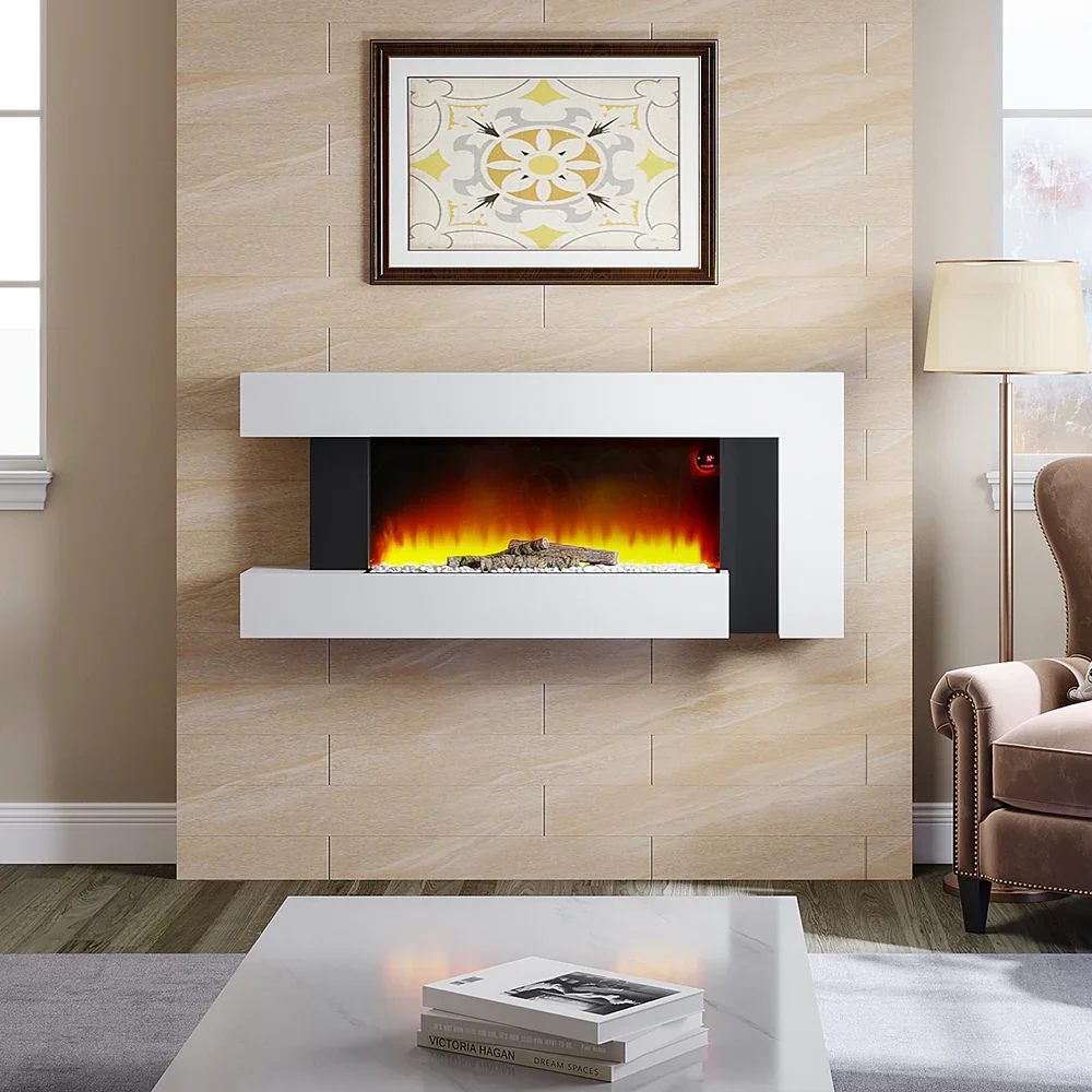 50-Inch LED Wall Mounted Electric Fire with White Wooden Frame