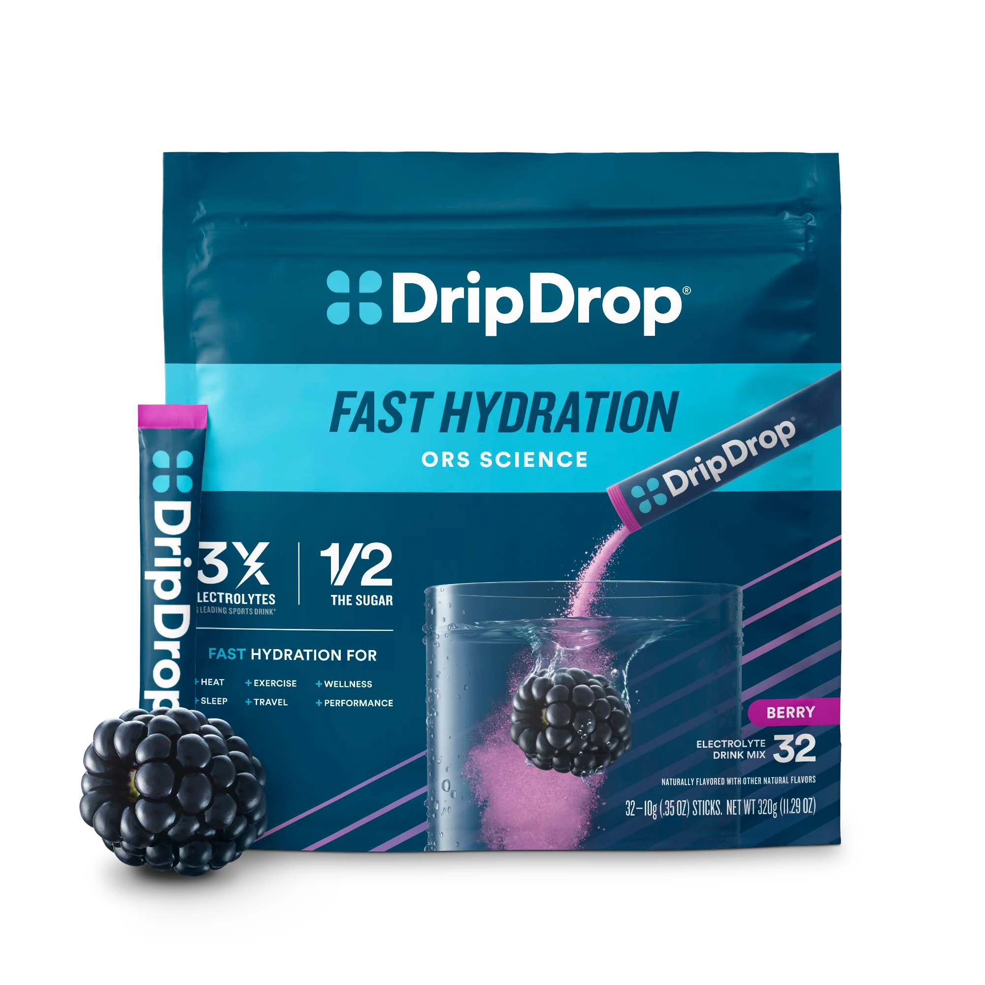 DripDrop Berry Electrolyte Powder, 8 oz sticks, 32 count