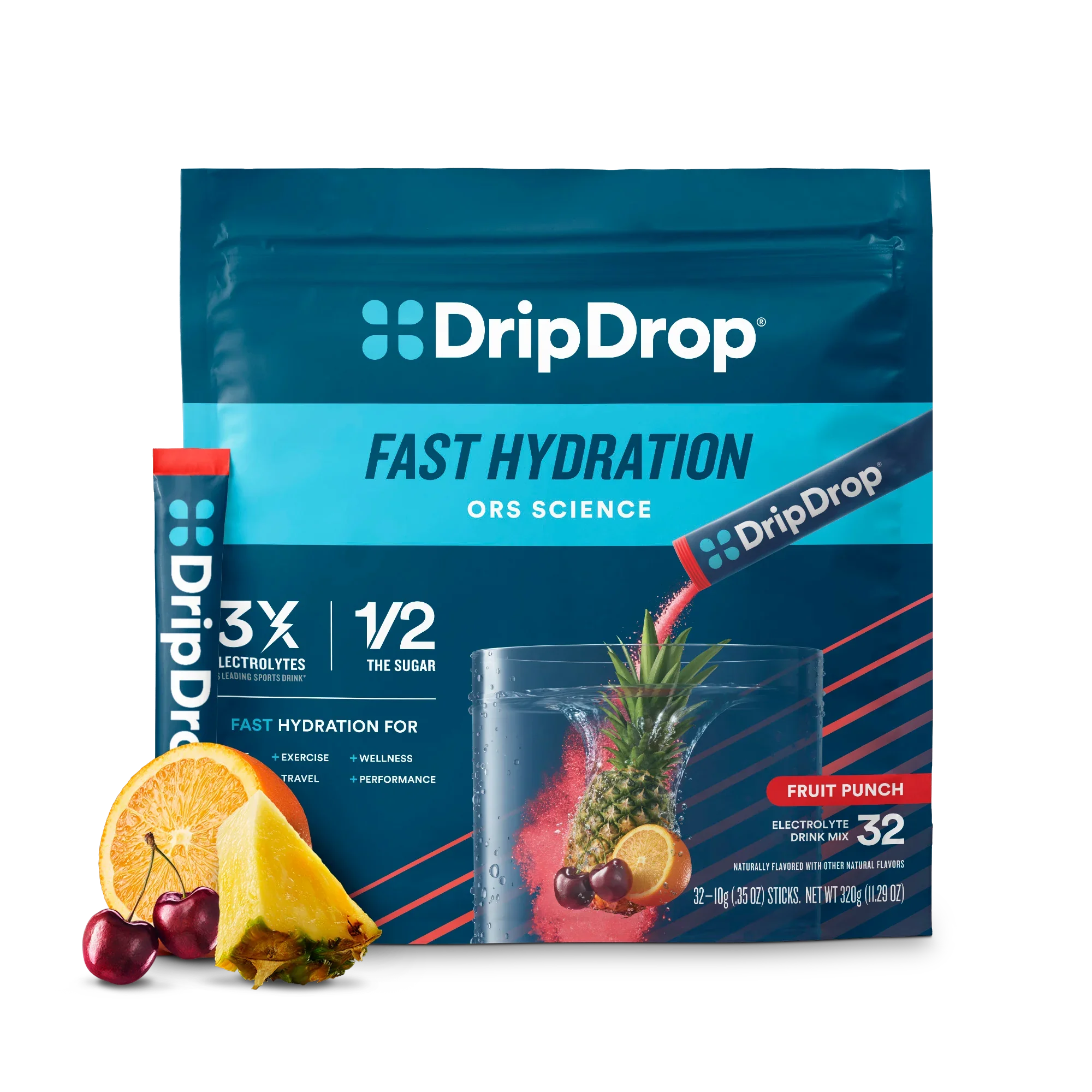 DripDrop Fruit Punch Electrolyte Powder, 8 oz sticks, 32 count