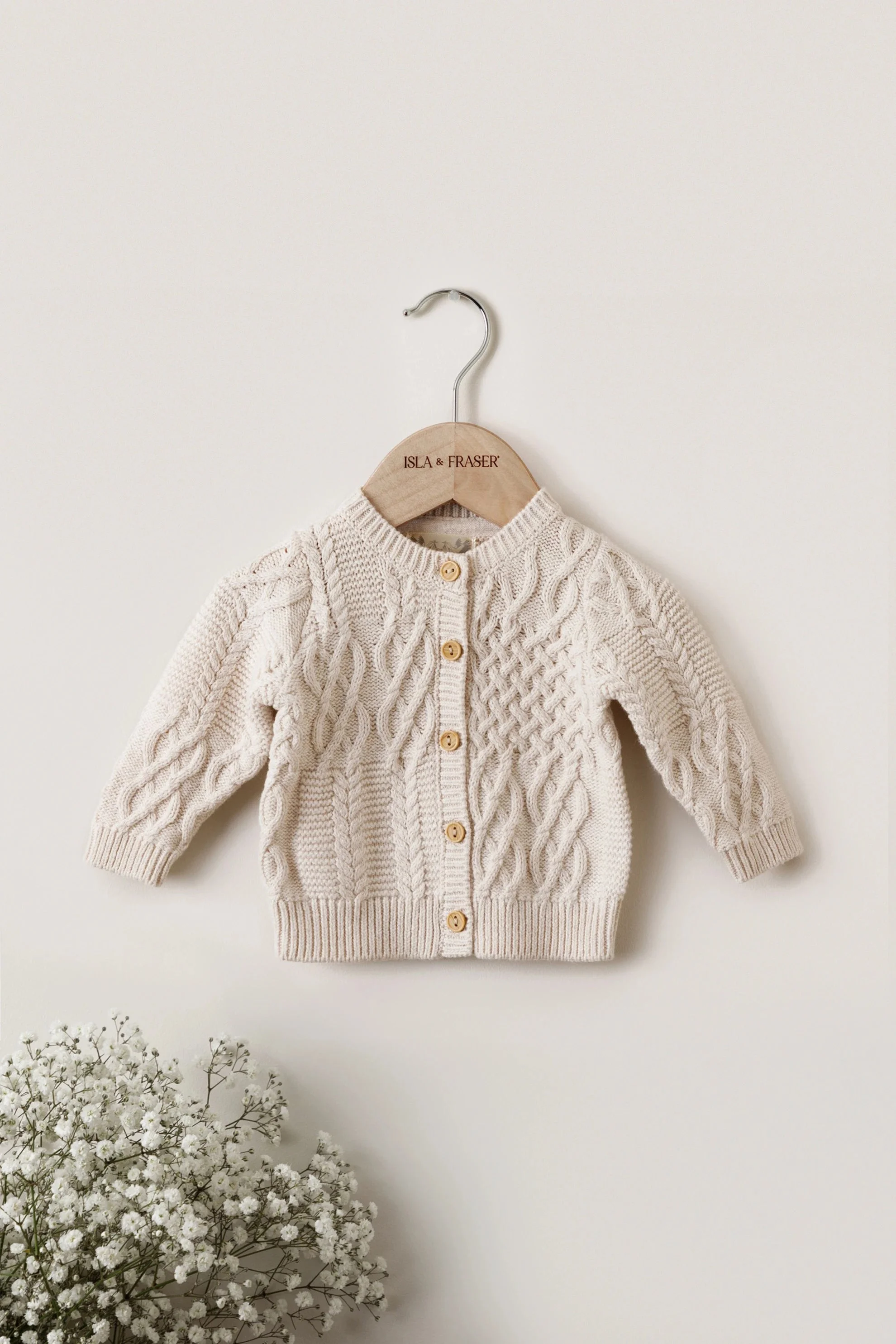 Organic Cotton Cable Knit Baby Cardigan - Oat