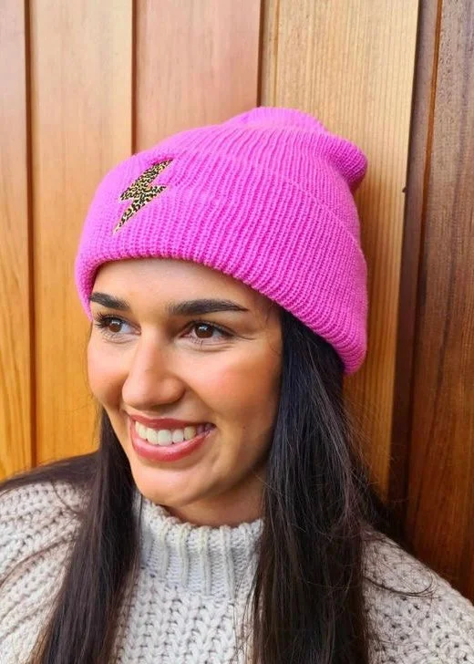 Bubblegum pink Leopard Bolt Flash beanie hat