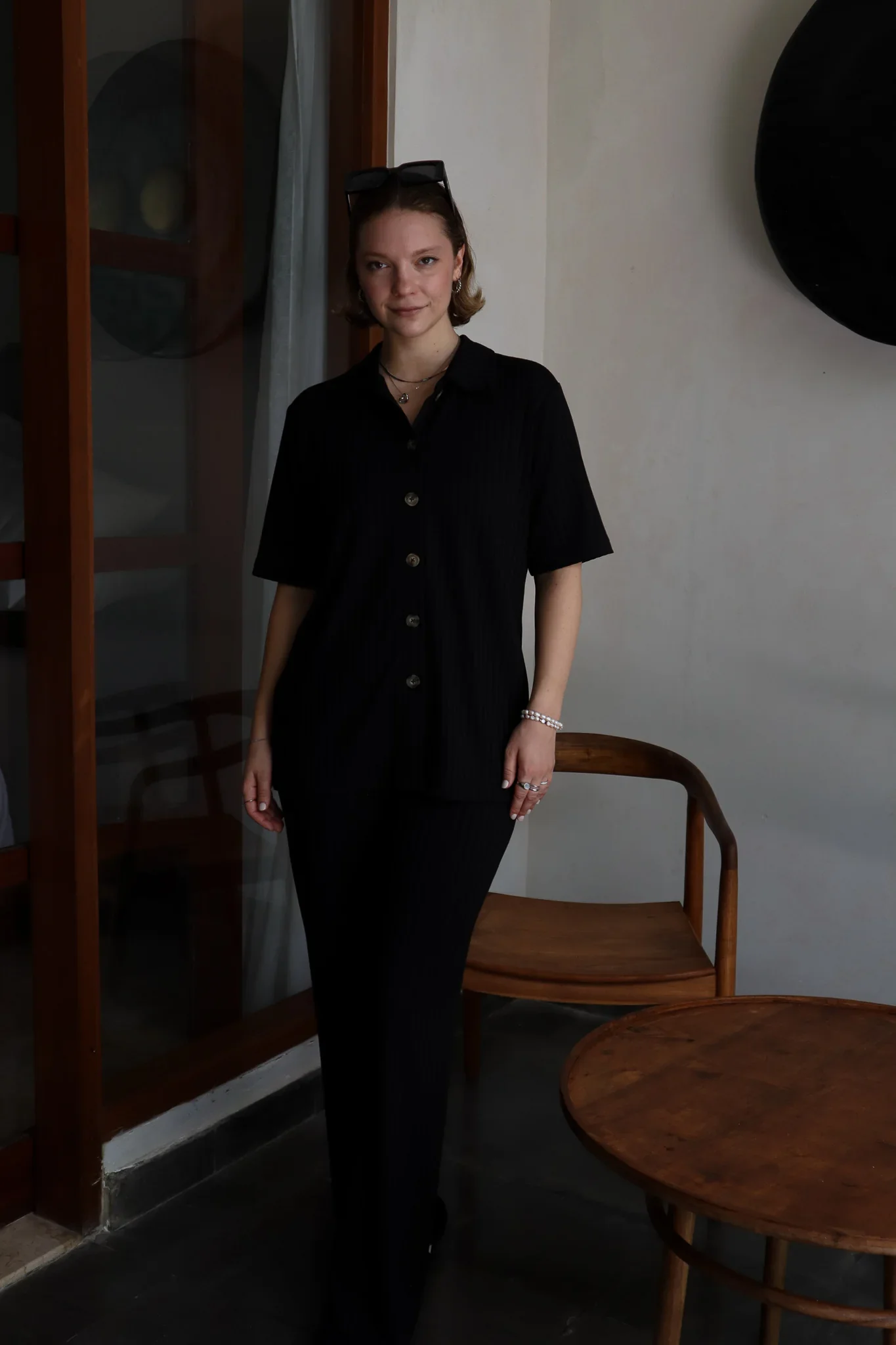 Chemise à manches courtes côtelée - Noir