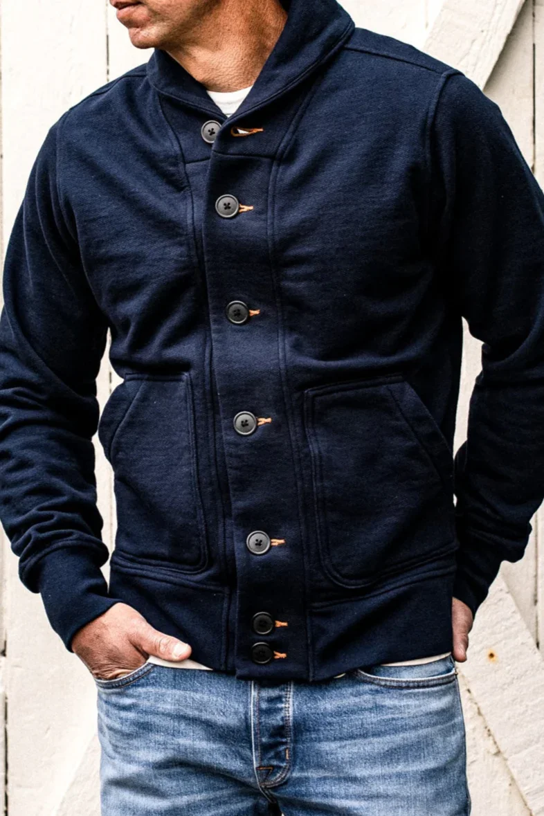 Men's Bodega Shawl Cardigan | 14oz 100% Cotton French Terry - Navy