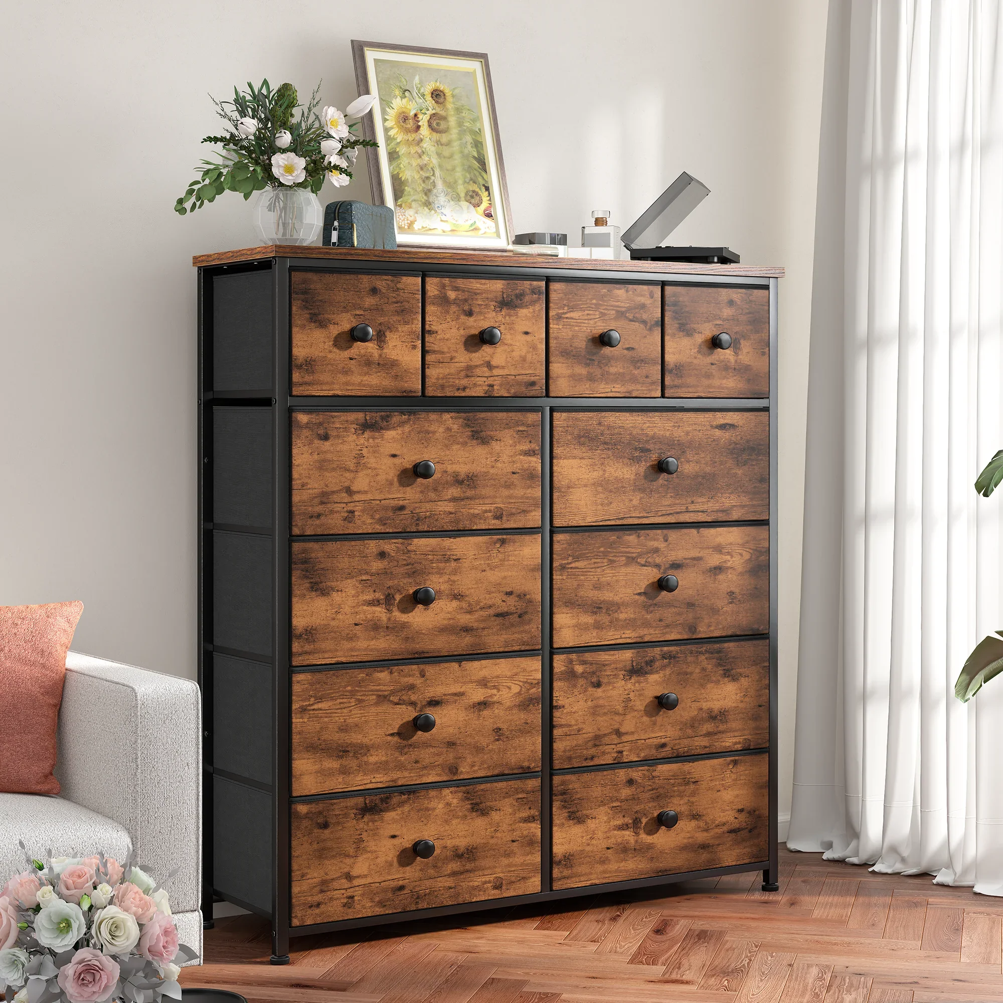 Snhomee 12-Drawer Tall Dresser for Bedroom  - Fabric & Metal Storage Organizer with Wood Top, Anti-Tip Design, Space-Saving, Closet, Entryway Furniture for Home