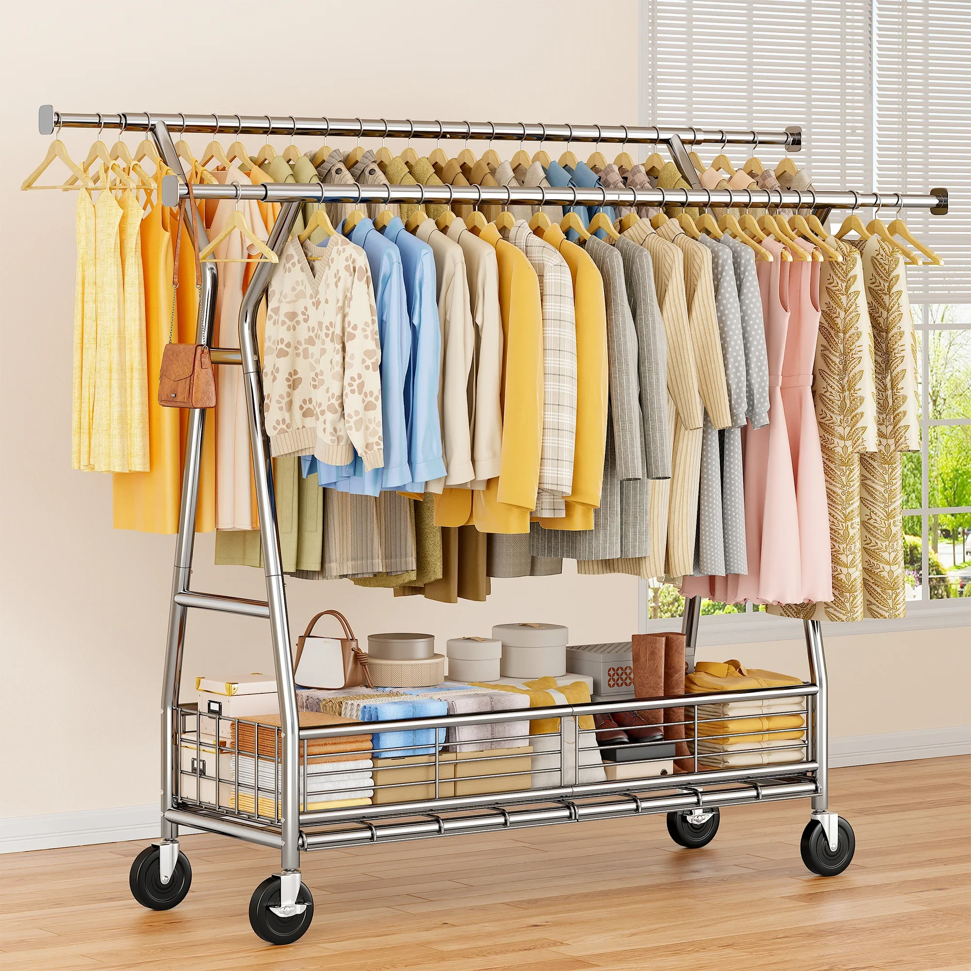 Snhomee Heavy Duty Rolling Garment Rack with Shelves, 70"H  Space-Saving Commercial Clothing Rack for Bedroom, Closet, Laundry, Commercial