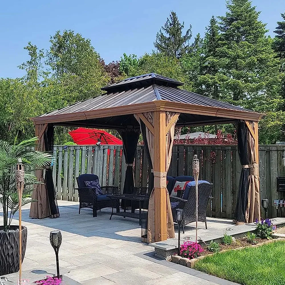 Aluminum Hardtop Gazebo Wood-Looking with Drainage Gutters
