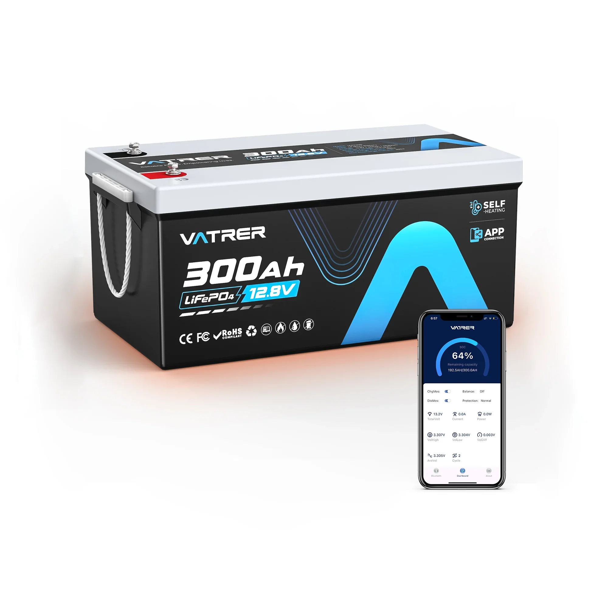 Vatrer 12V 300Ah Bluetooth Self-heating Lithium Battery 200A BMS