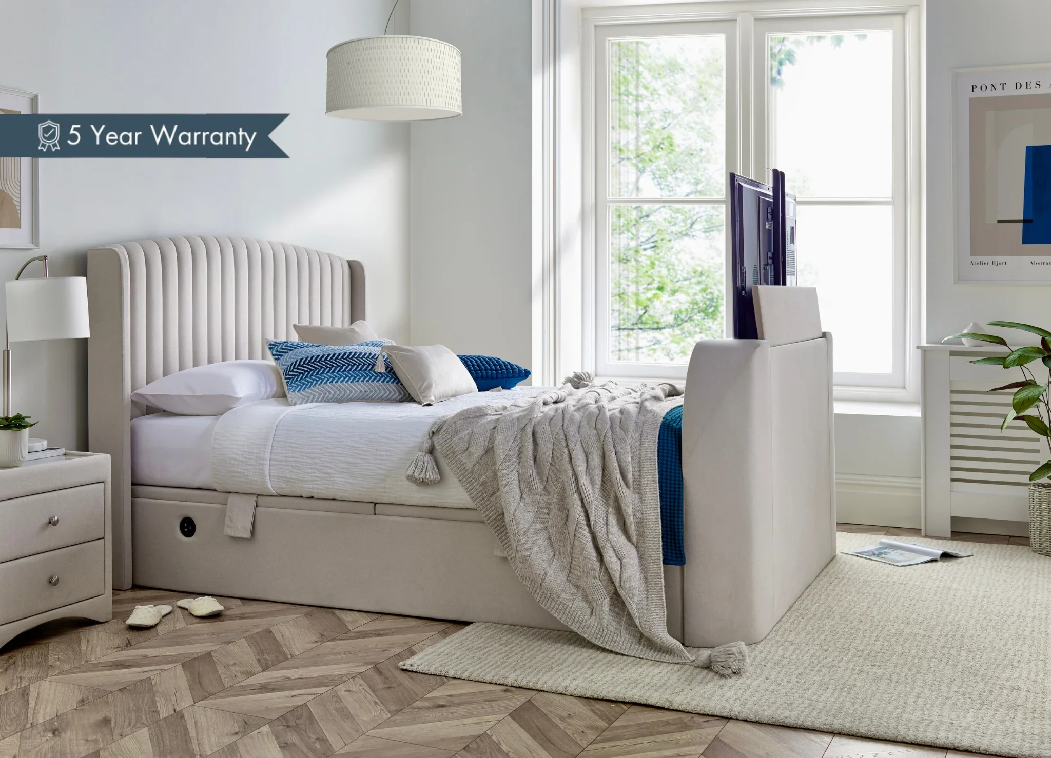 Essence Ottoman Storage TV Bed in Natural Cream Fabric