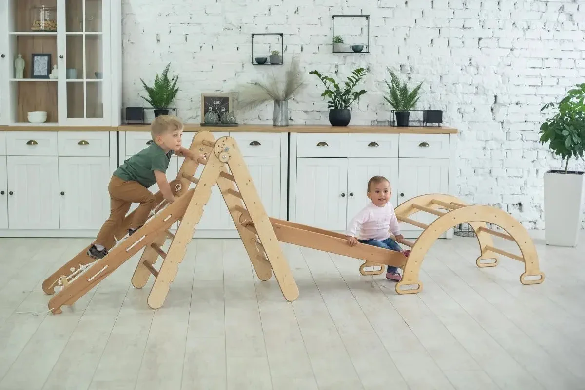 4in1 Montessori Climbing Set: Triangle Ladder + Climbing Arch + Slide Board + Net – Beige