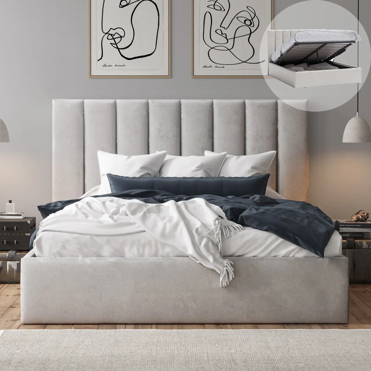 Celine Gas Lift Storage Bed Frame (Taupe Velvet)