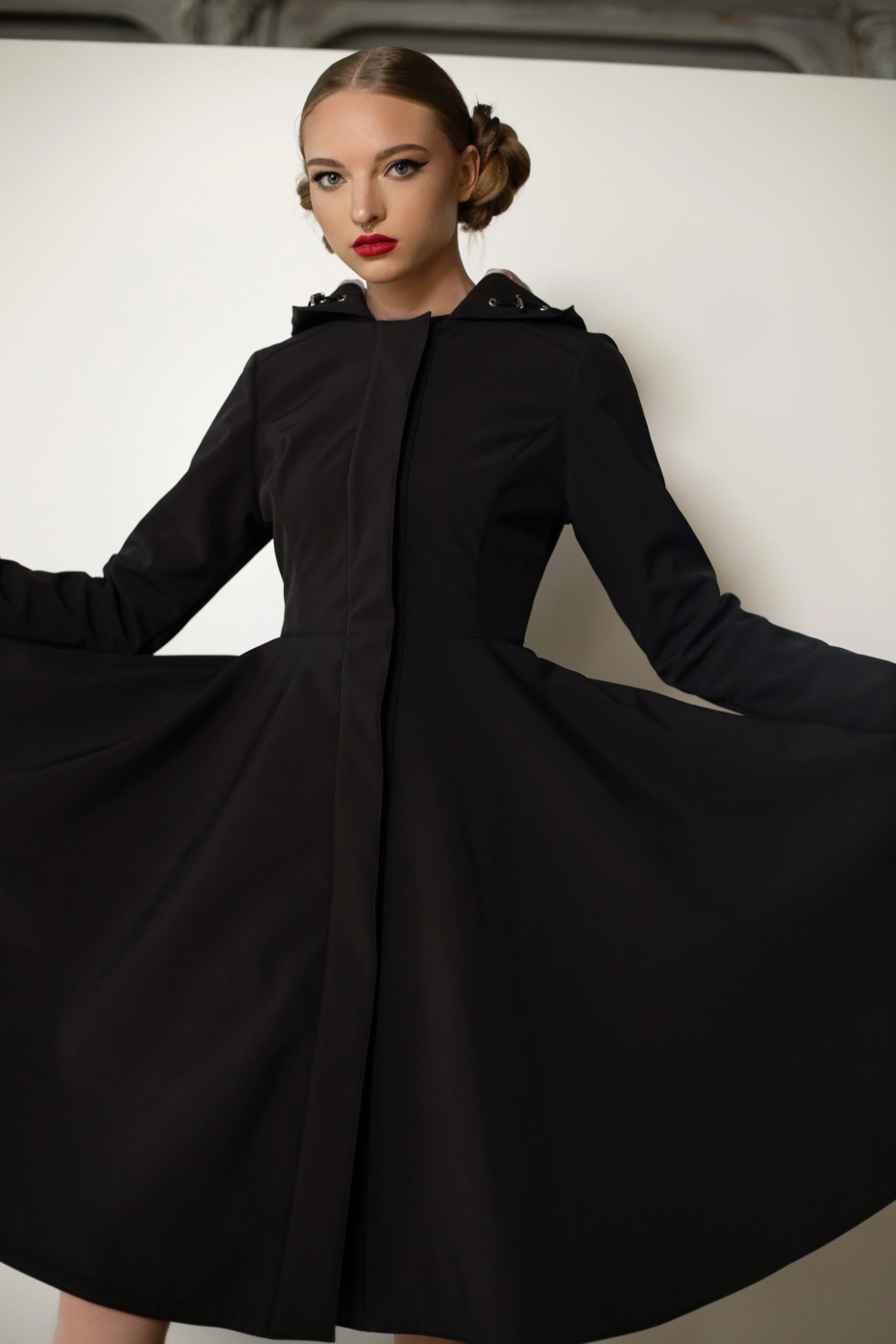 Fit and Flare Coat with Full Circle Skirts in Black and Ash Pink | Midnight Black