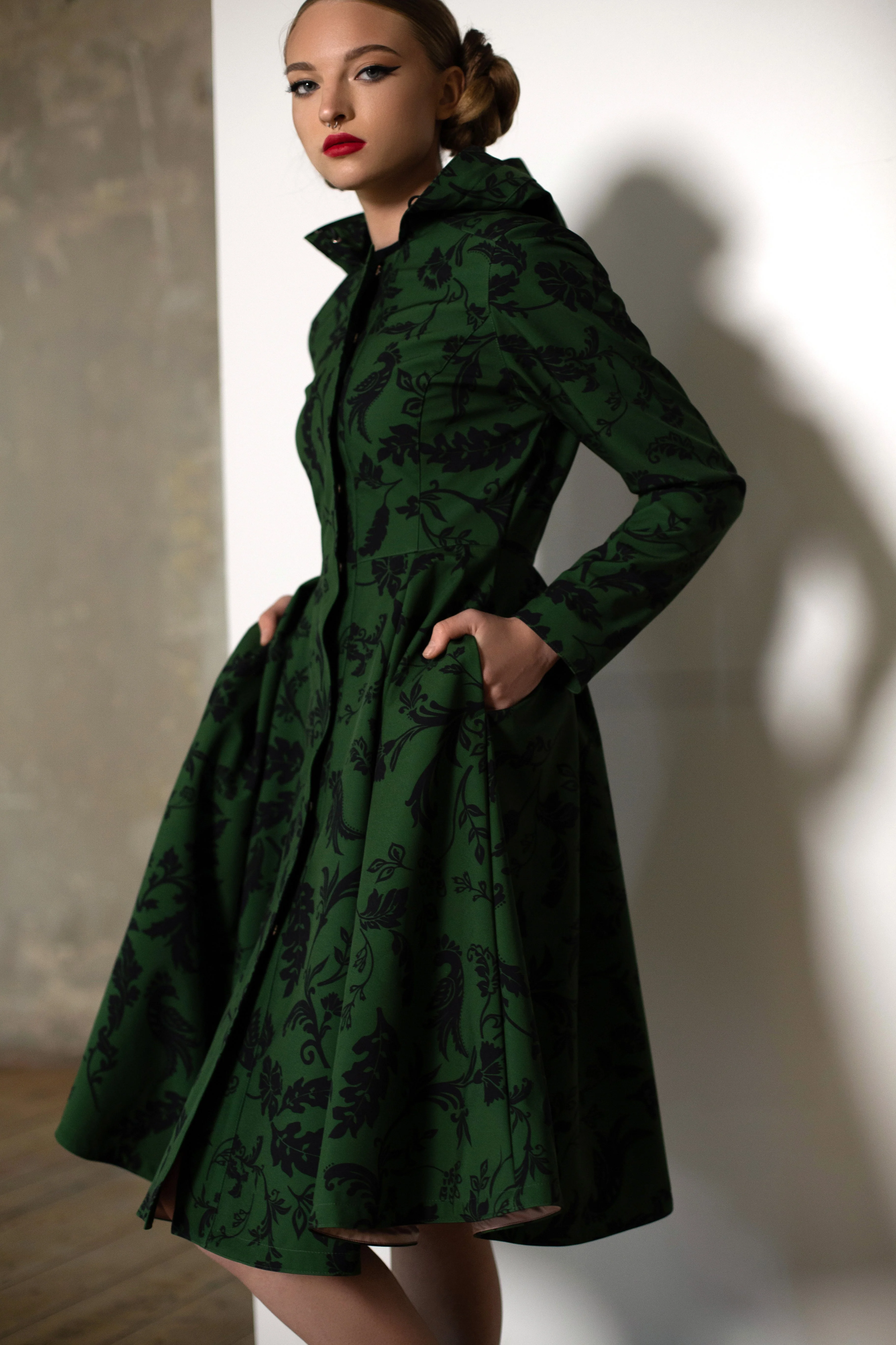 Fit and Flare Coat with Pleated Skirt in Green and Black | Forest Flower