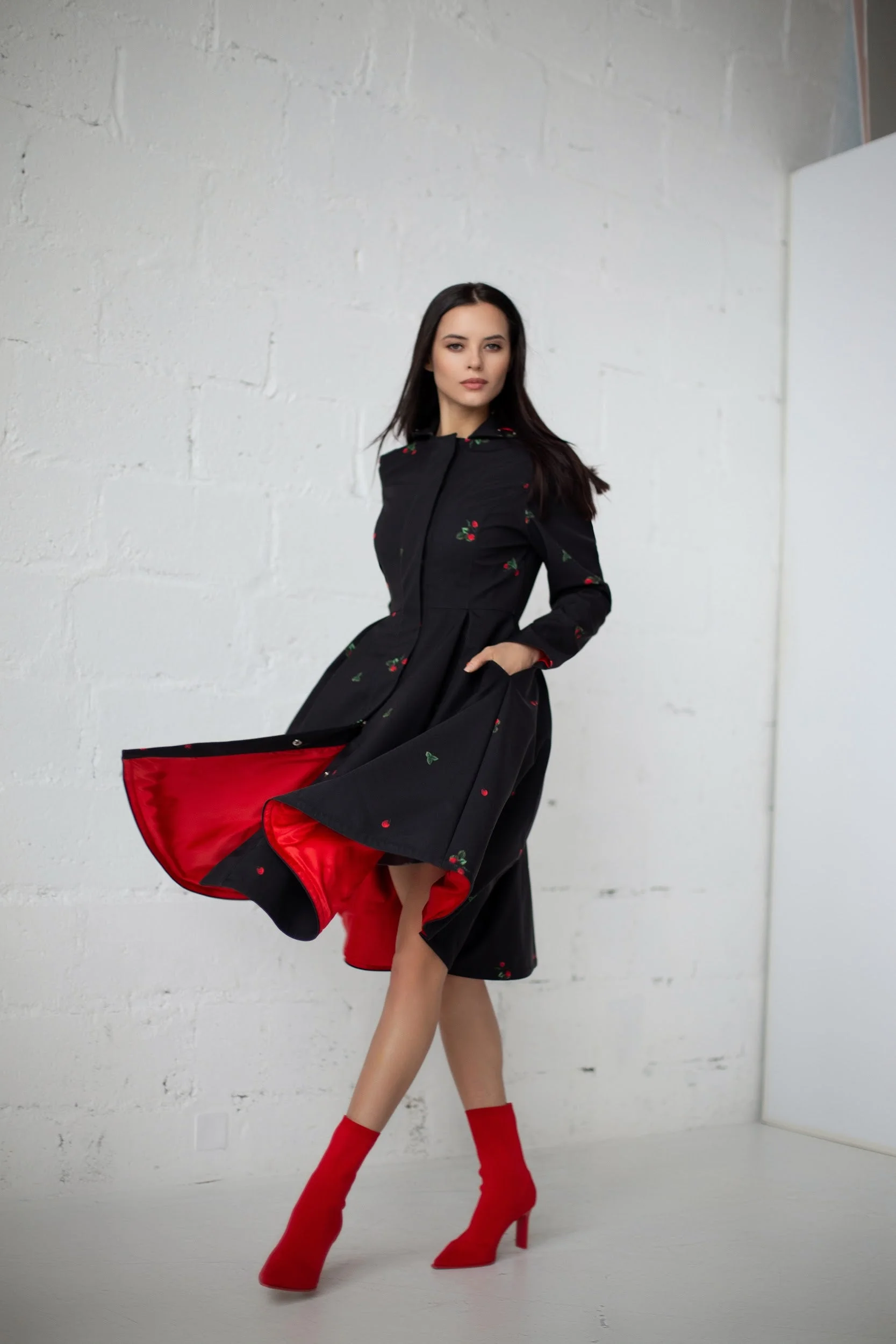 Fit and Flare Black Coat with Pleated Skirt and Strawberry Print | Wild Strawberry