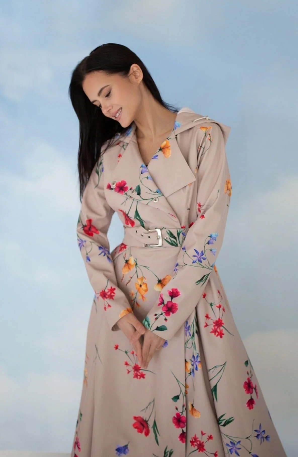 Double Breasted Trench Coat in Beige with Flower Print | Spring Bloom