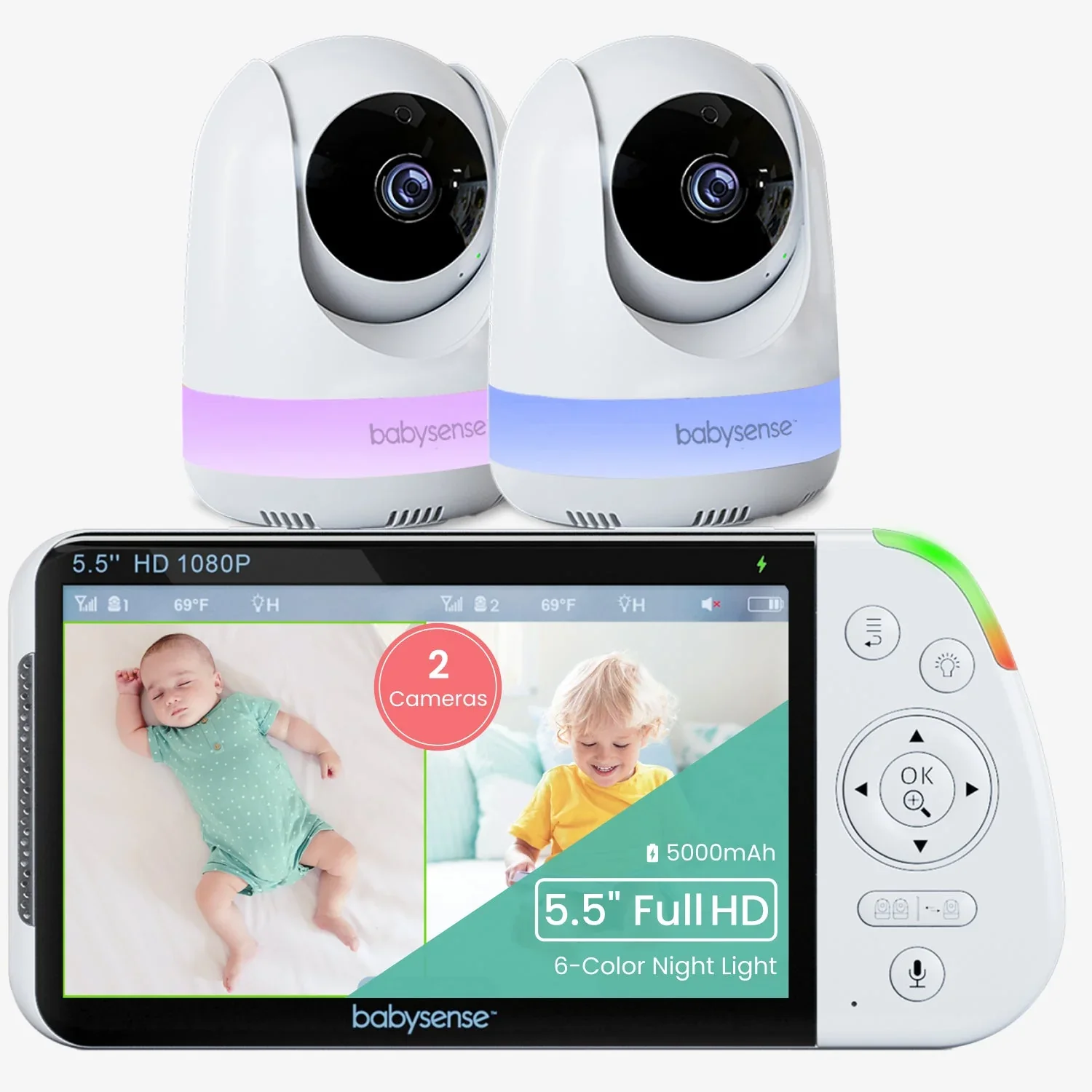 Babysense MaxView PRO: Video Baby Monitor with 2 Cameras, Non Wifi, Split Screen, Night Light & Sound Machine