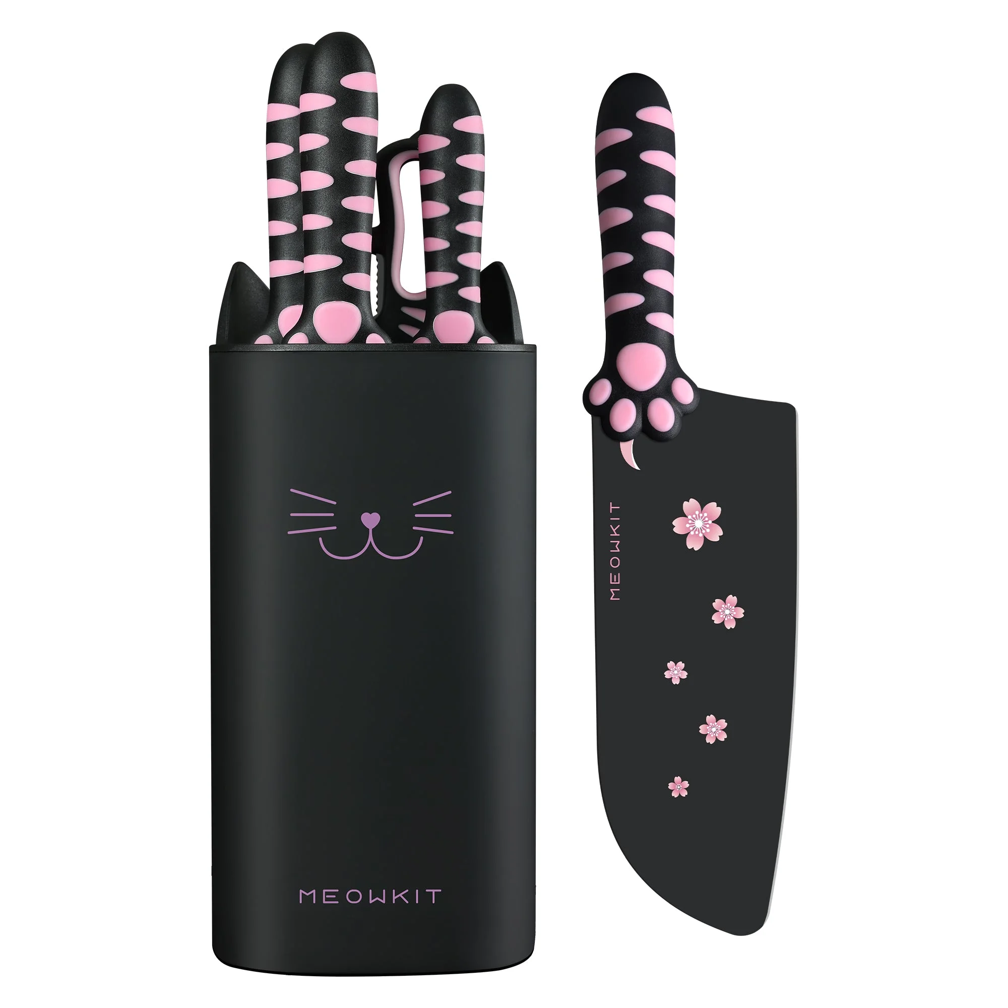 Meowkit 5 PCS Kitchen Knife Set – Pink & Black Cooking Blades with Storage Block, Cute & Modern Kitchen Essential
