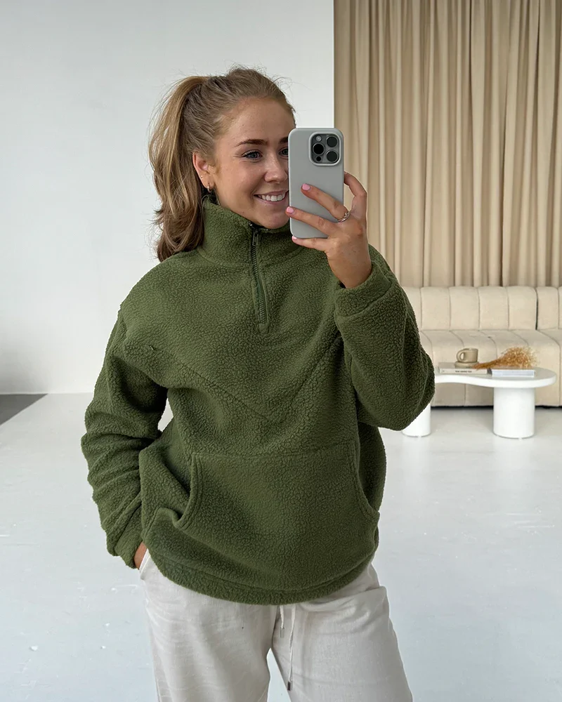 Cosy Quarter Zip Oversized Breastfeeding Fleece with Pocket - Khaki