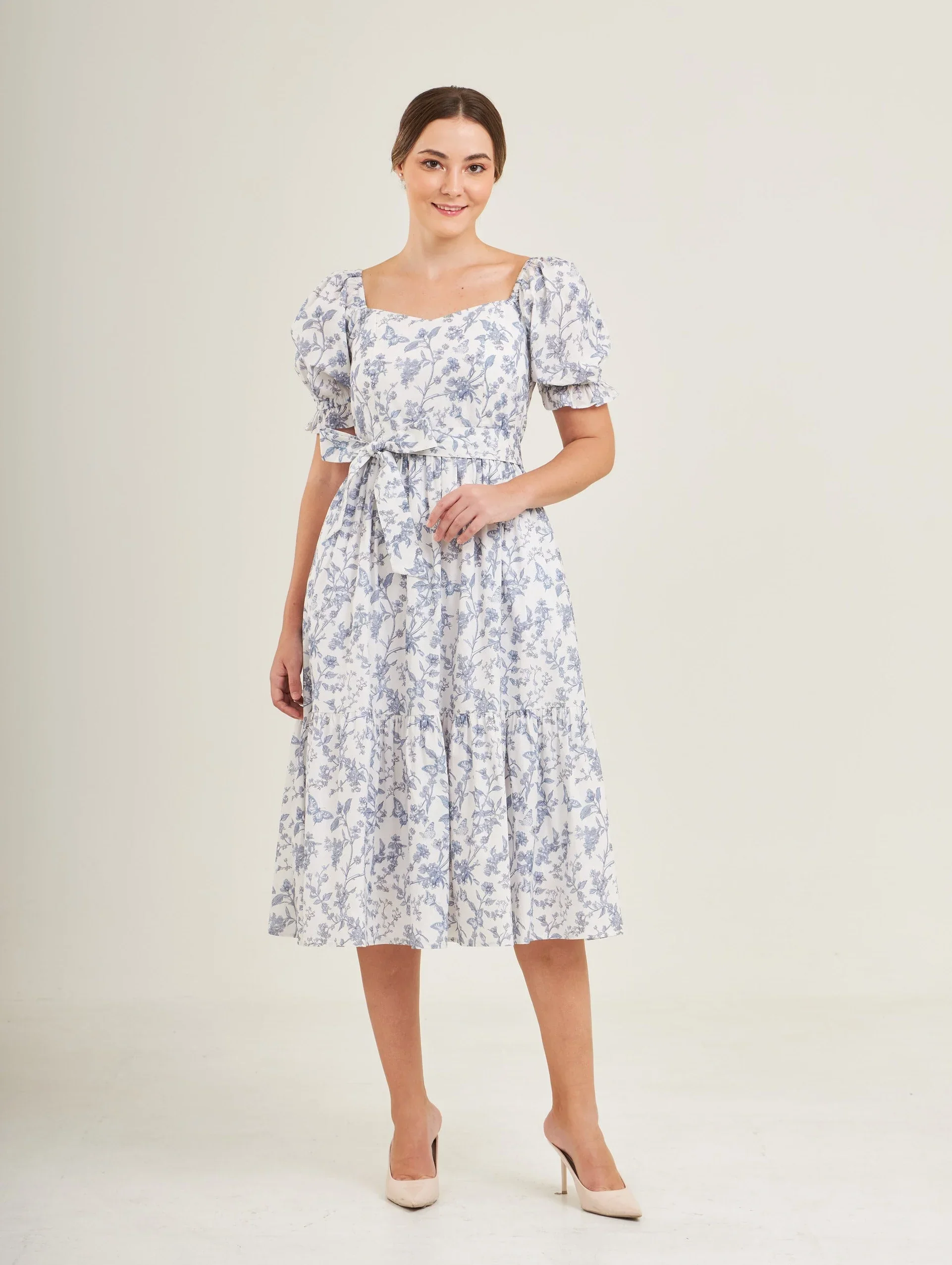 Ann Midi Dress with Nursing Zippers in Blue Toile Butterfly
