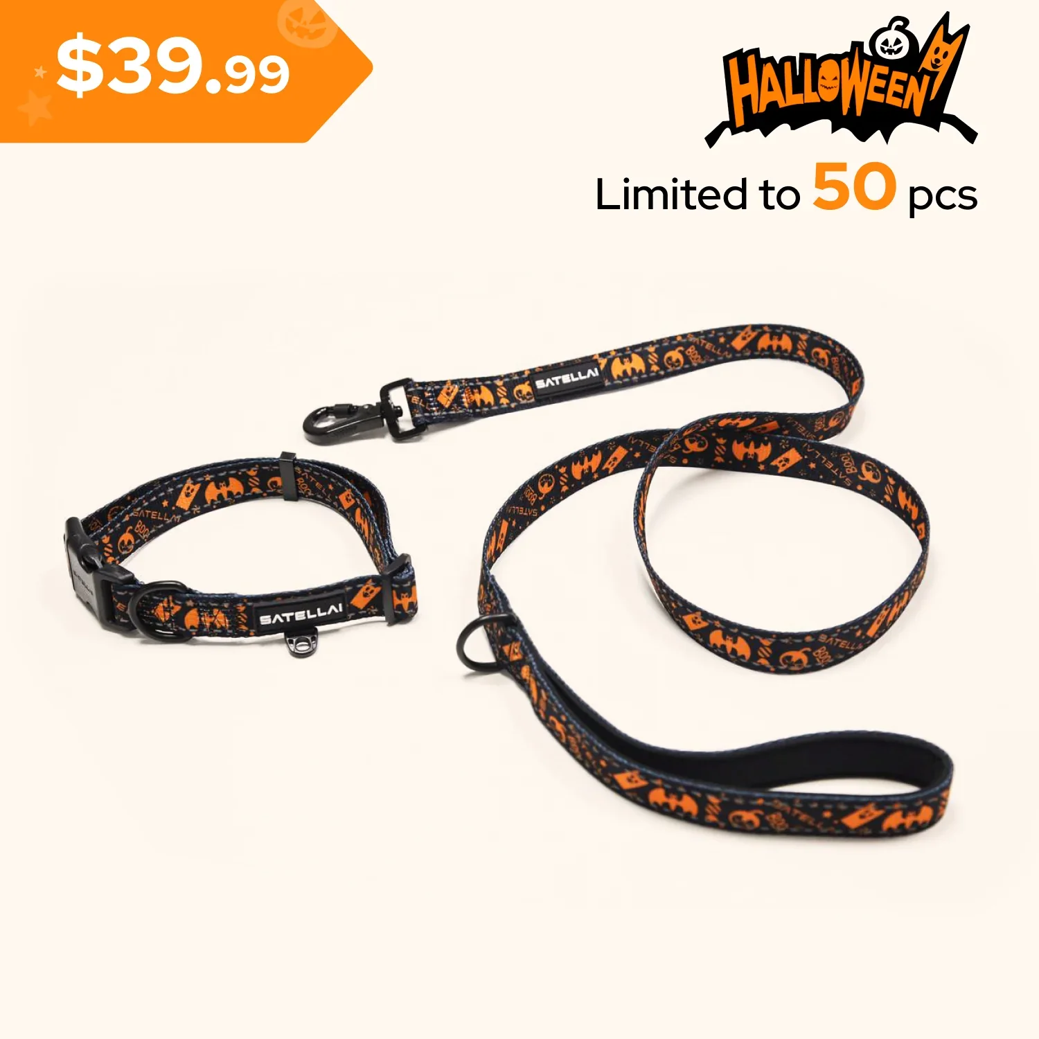 Reflective SATELLAI  Life Dog Leash & Collar Set– Halloween Limited Edition