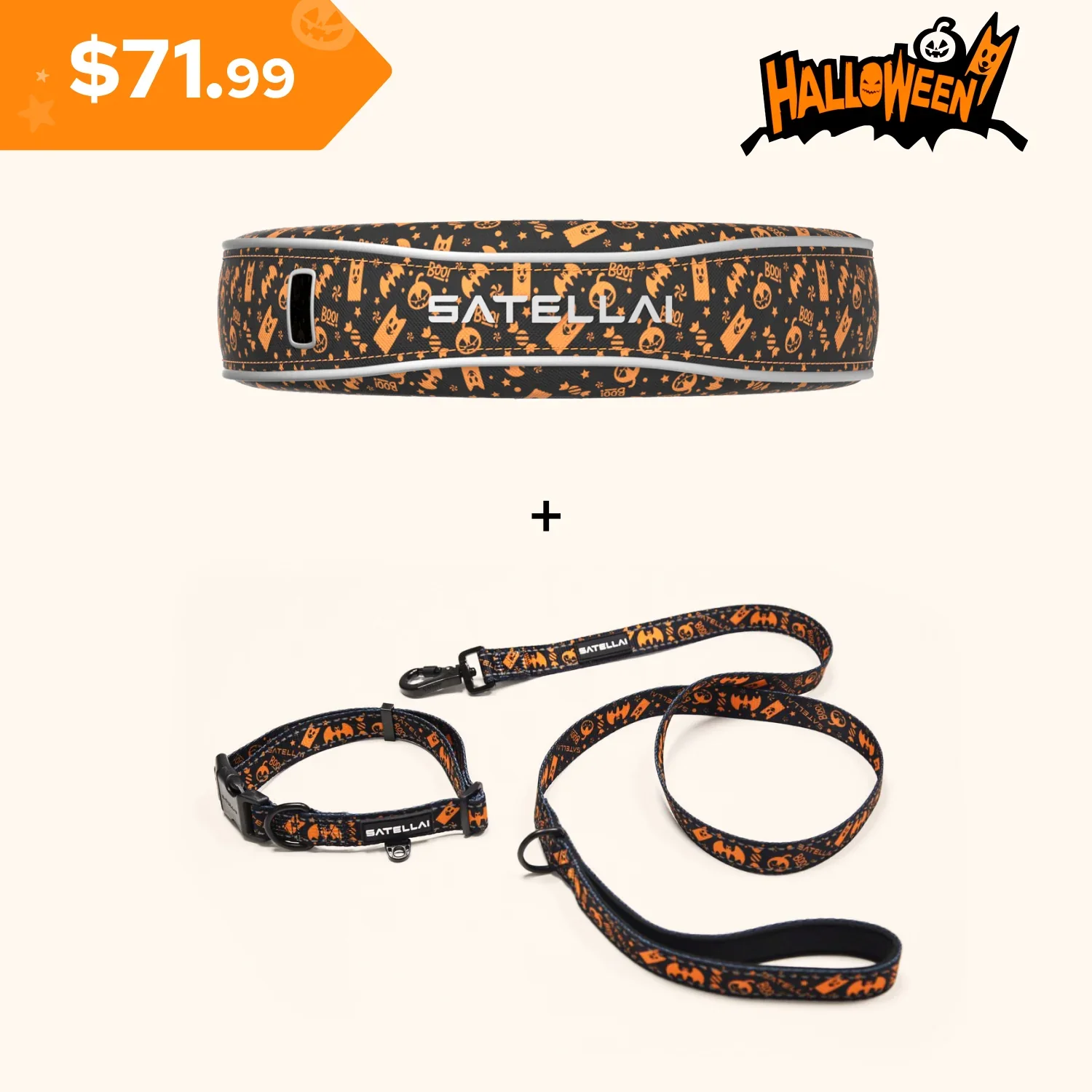 Reflective SATELLAI Life Collar Cover + Leash & Collar Set – Halloween Limited Edition