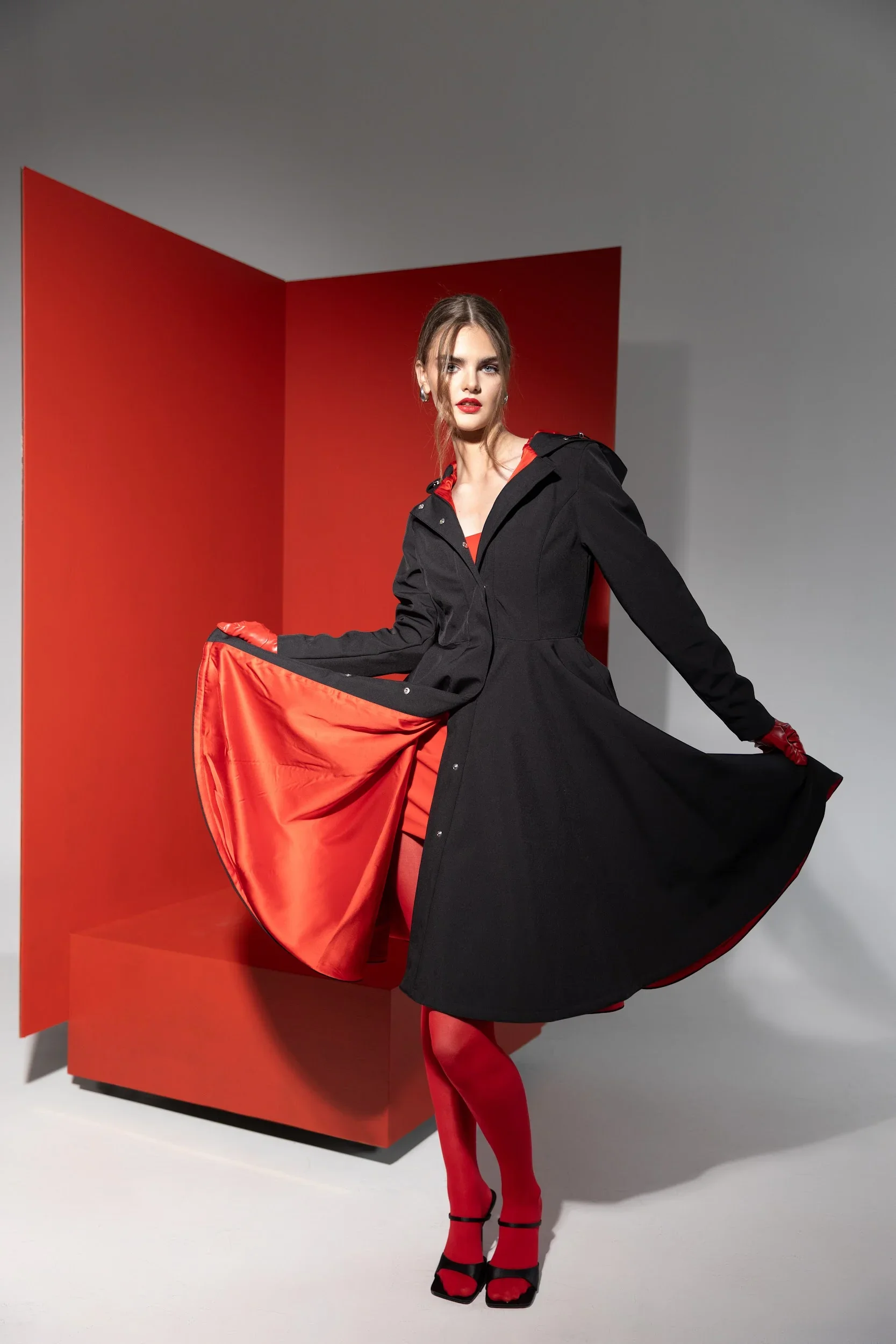 Fit and Flare Coat with Full Circle skirt in Black and Red | Raven Red