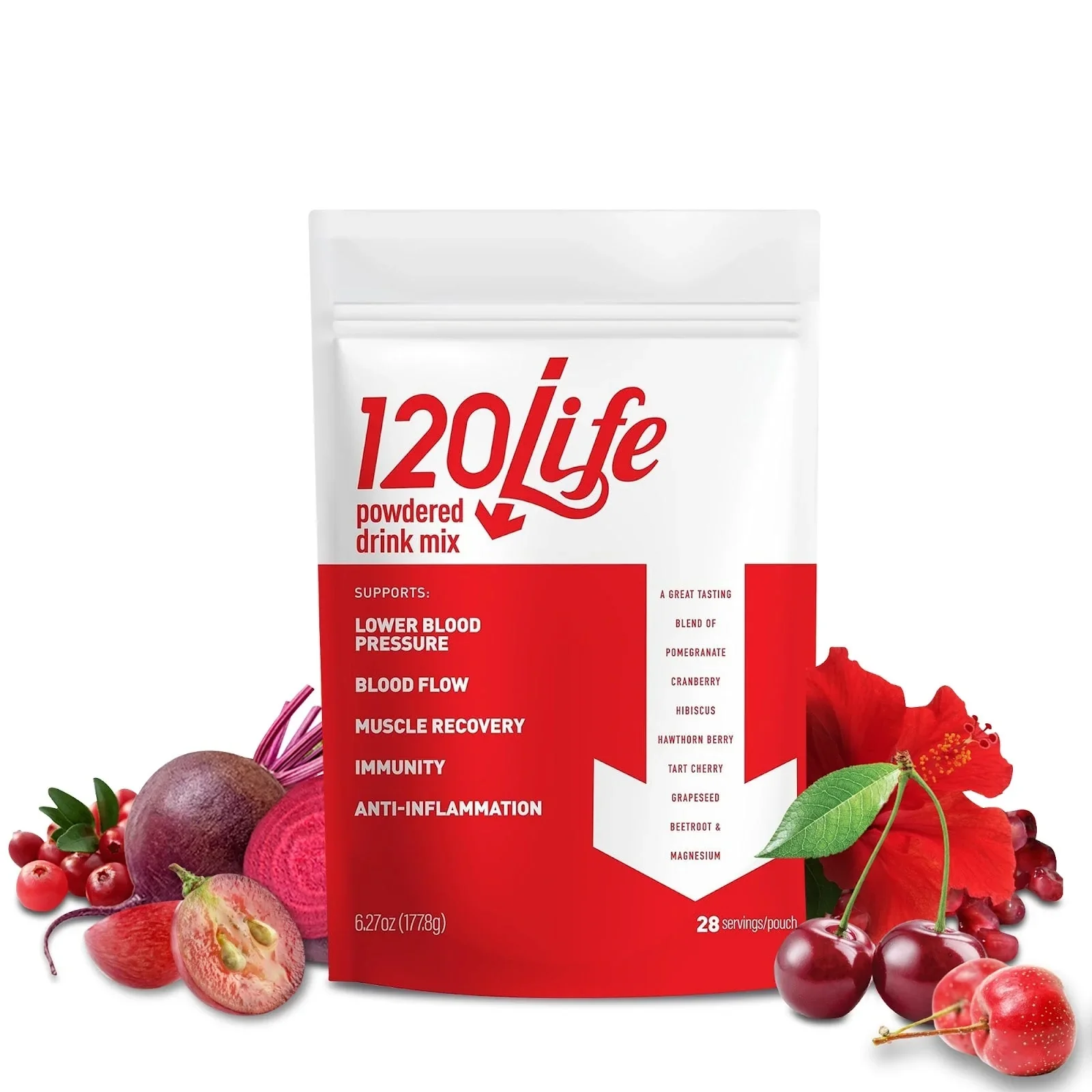 120/Life Powdered Drink Mix for BP Support, with Beetroot Powder, Pomegranate, Cranberry, Tart Cherry, Hibiscus (28 Servings) - Sugar-Free, Vegan