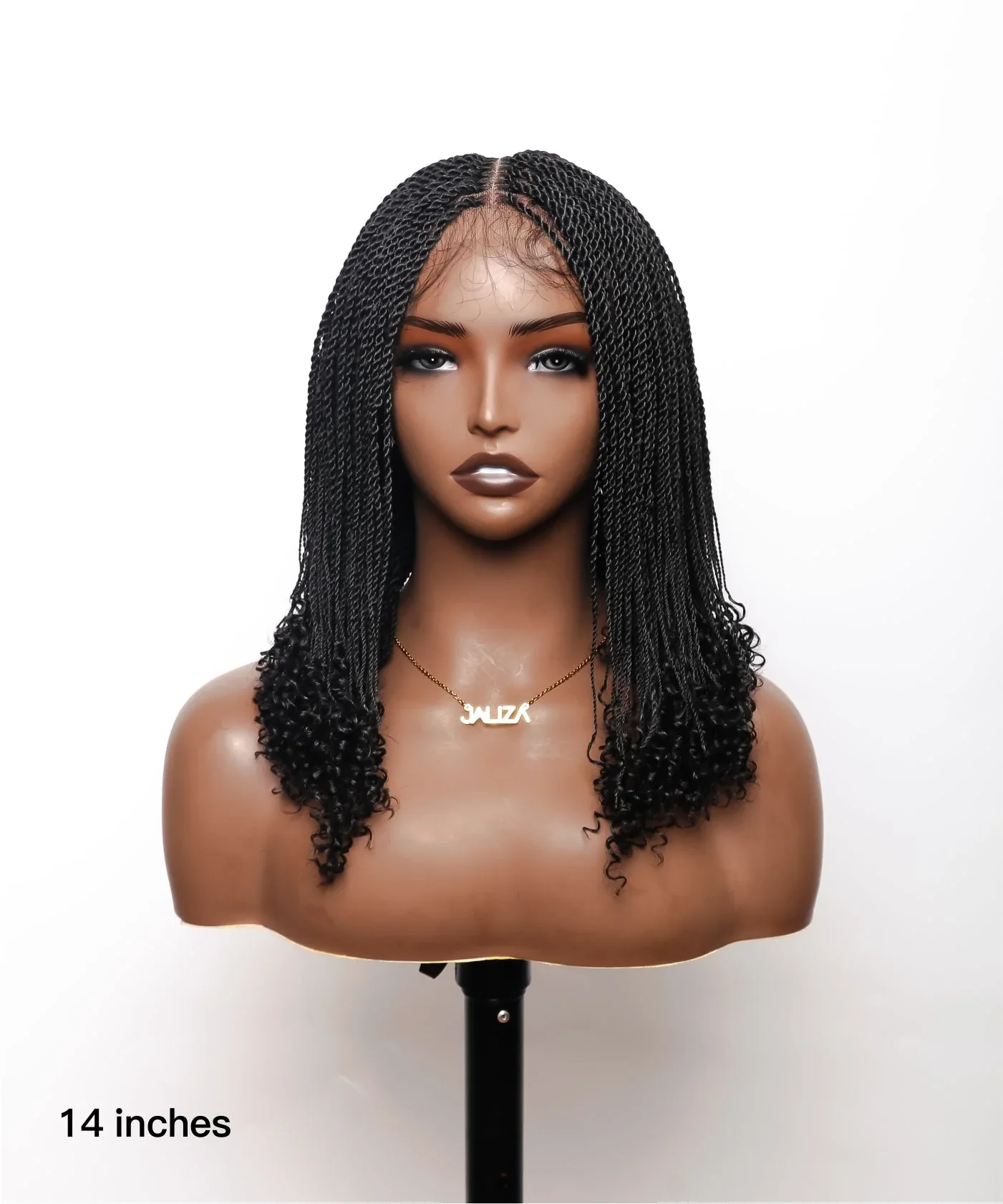 Tina - Senegalese Mini Twist Braided Wig 14" Full Hand-tied Swiss HD Lace With Curly Ends - Human Baby Hair