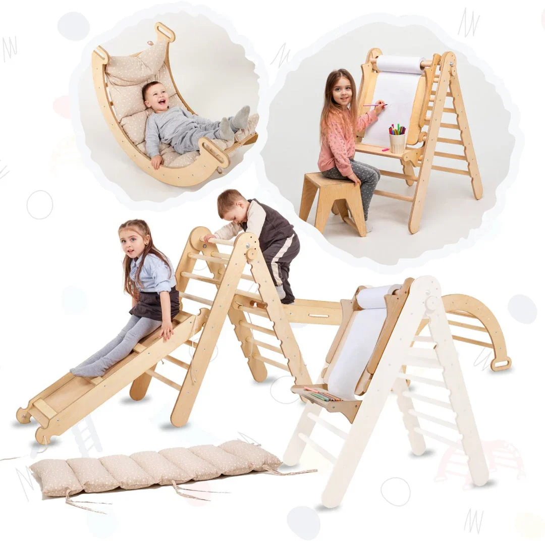 6in1 Montessori Climbing Frame: Pikler Triangle + Climbing Arch + Slide Board + Net + Cushion + Art Addition