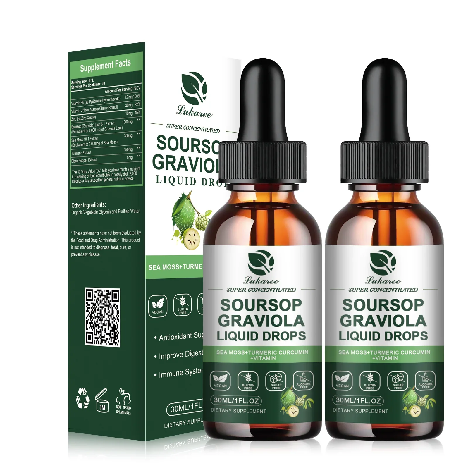 (2 Packs) Organic Soursop Graviola Extract Liquid Drop Plus Pure Botanical Sea Moss for Cell Support & Regeneration, Immunity, Liver, Sleep & Antioxidant - 7-in-1 Soursop Bitters Liquid, 1 Fl Oz