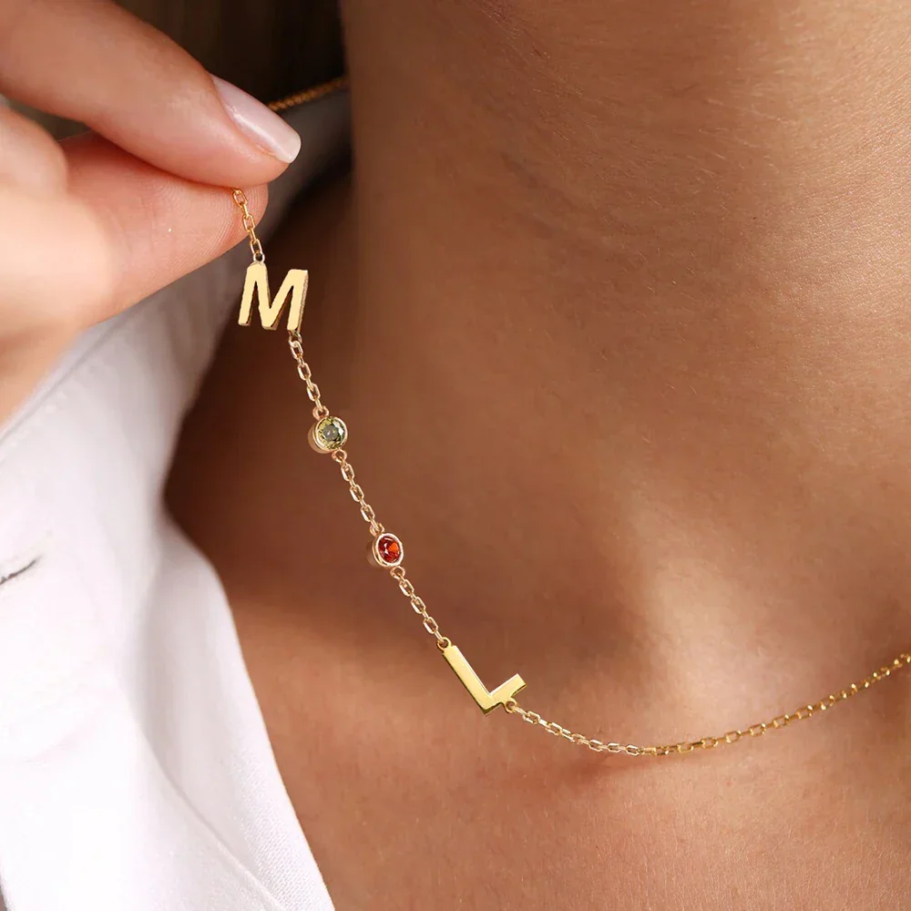 Custom Sideway Initial Birthstone Necklace