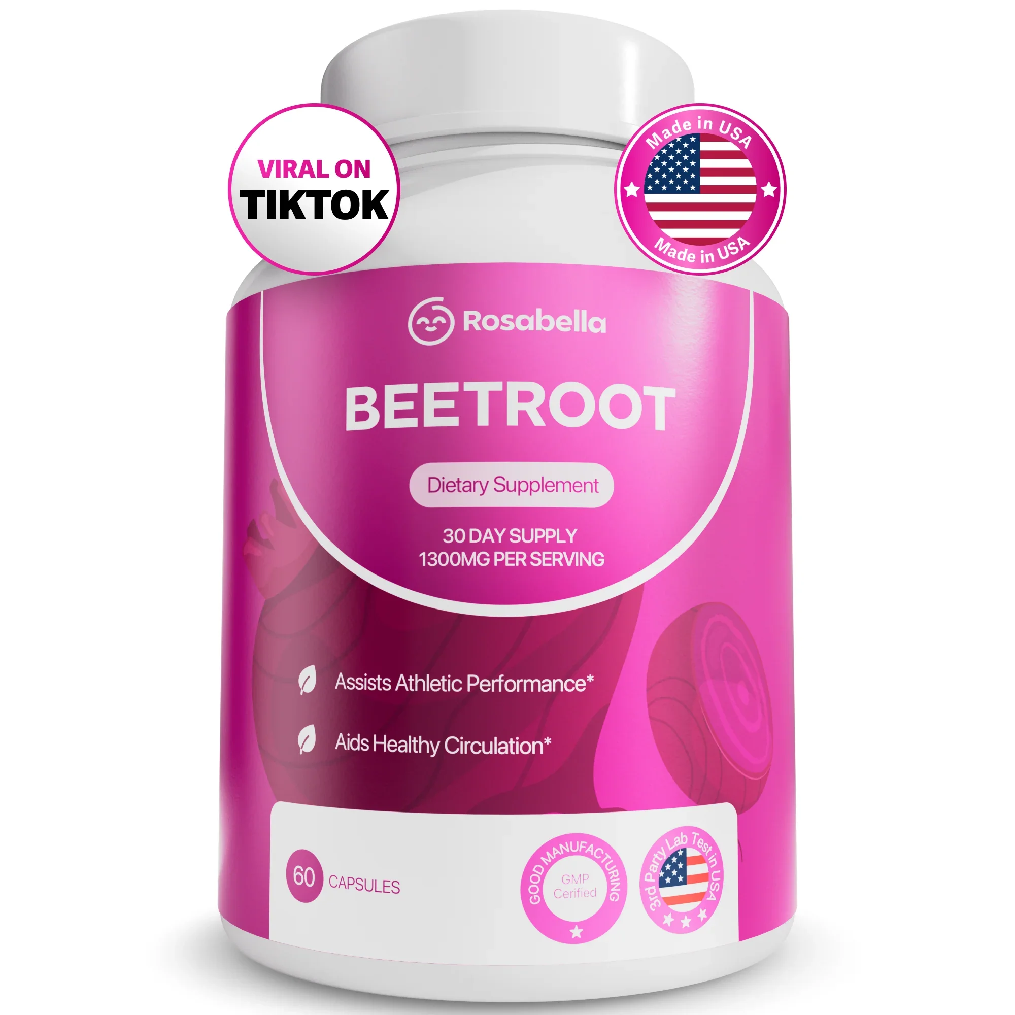 Rosabella Organic Beetroot Capsules (1300mg) for Blood Flow & Heart Health Bogo