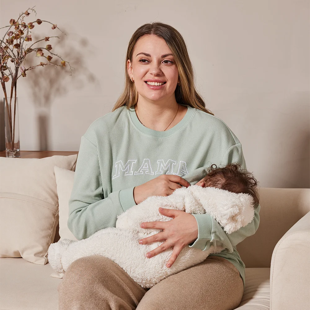 Waffle Knit Mama With Zippers Breastfeeding Sweatshirt