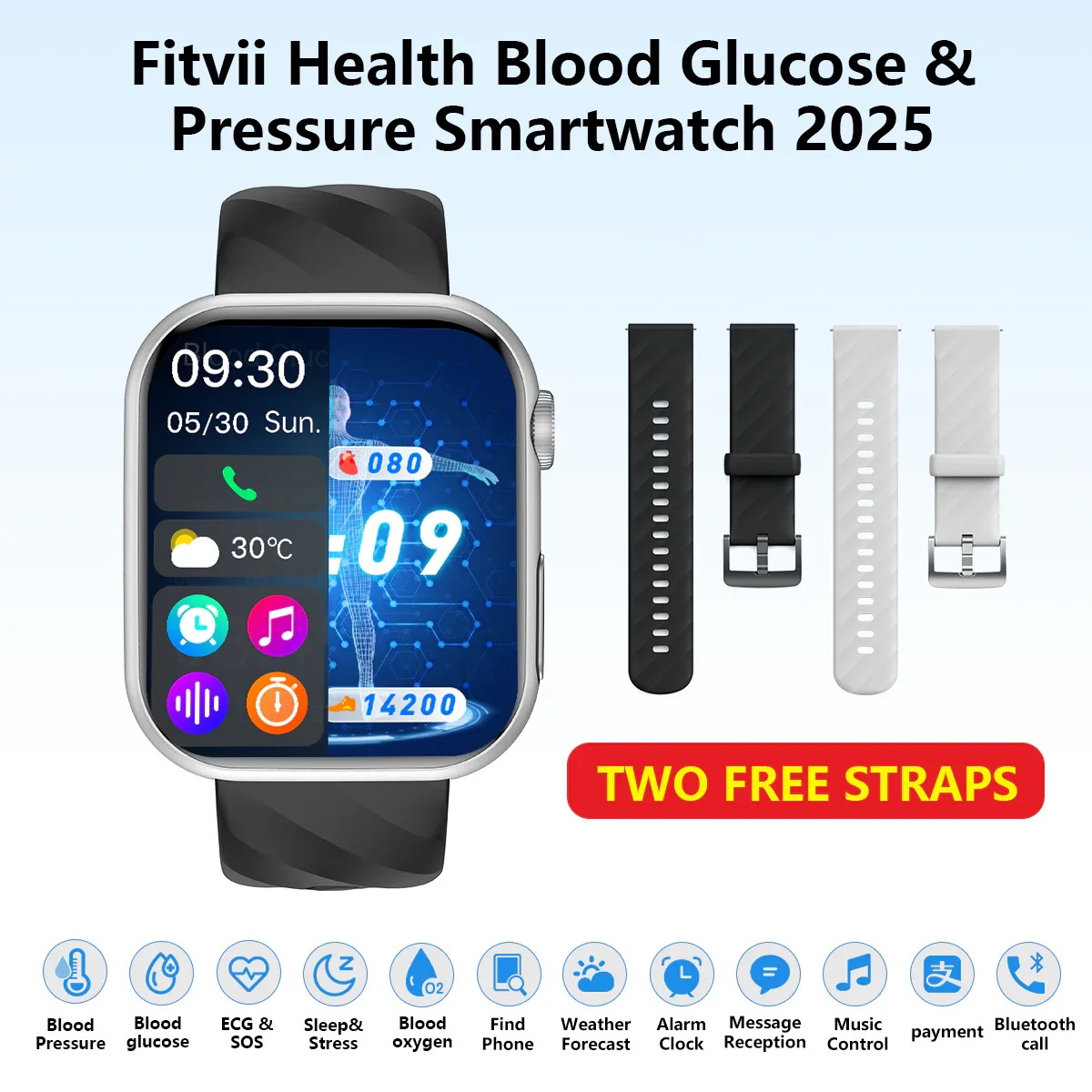 Upgrade Fitvii® GT5 Pro Max Blood Blood Pressure Watch With BG+HRV+ECG(EKG)+PGG+SpO2+SOS+Stress+Sleep Monitoring Supports Voice Calls And Fitness Tracker + Free Straps Gift