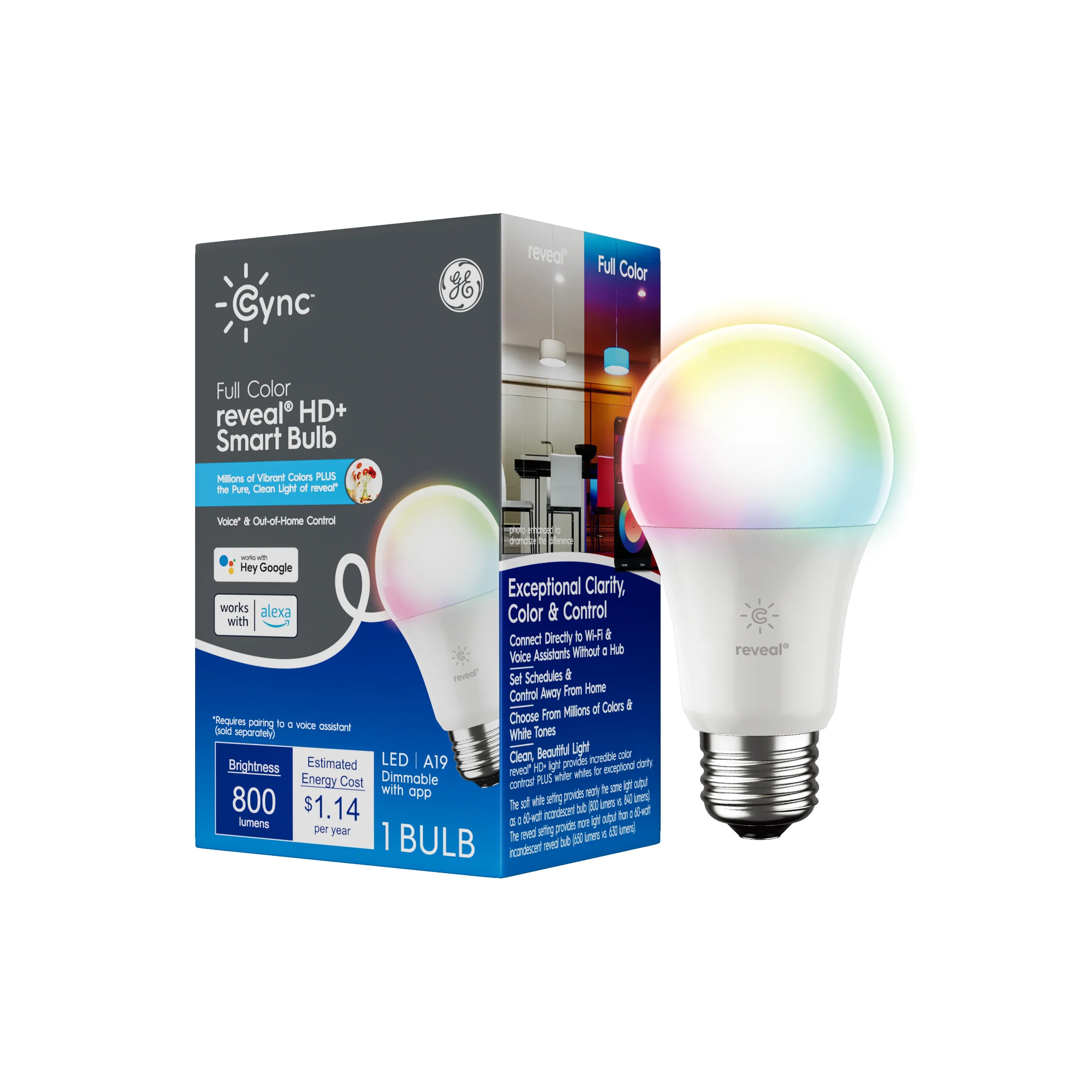 GE Cync Full Color reveal® General Purpose A19 60W Replacement Smart LED Bulbs