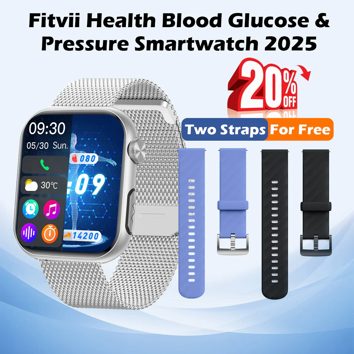 2026 Upgrade Fitvii® GT5 PRO MAX Health & Fitness Smartwatch with HR+BP+BG+ECG(EKG)+SPO2+TEMP+SOS+ Sleep+Blood Fat Monitoring + Straps Gift🎁