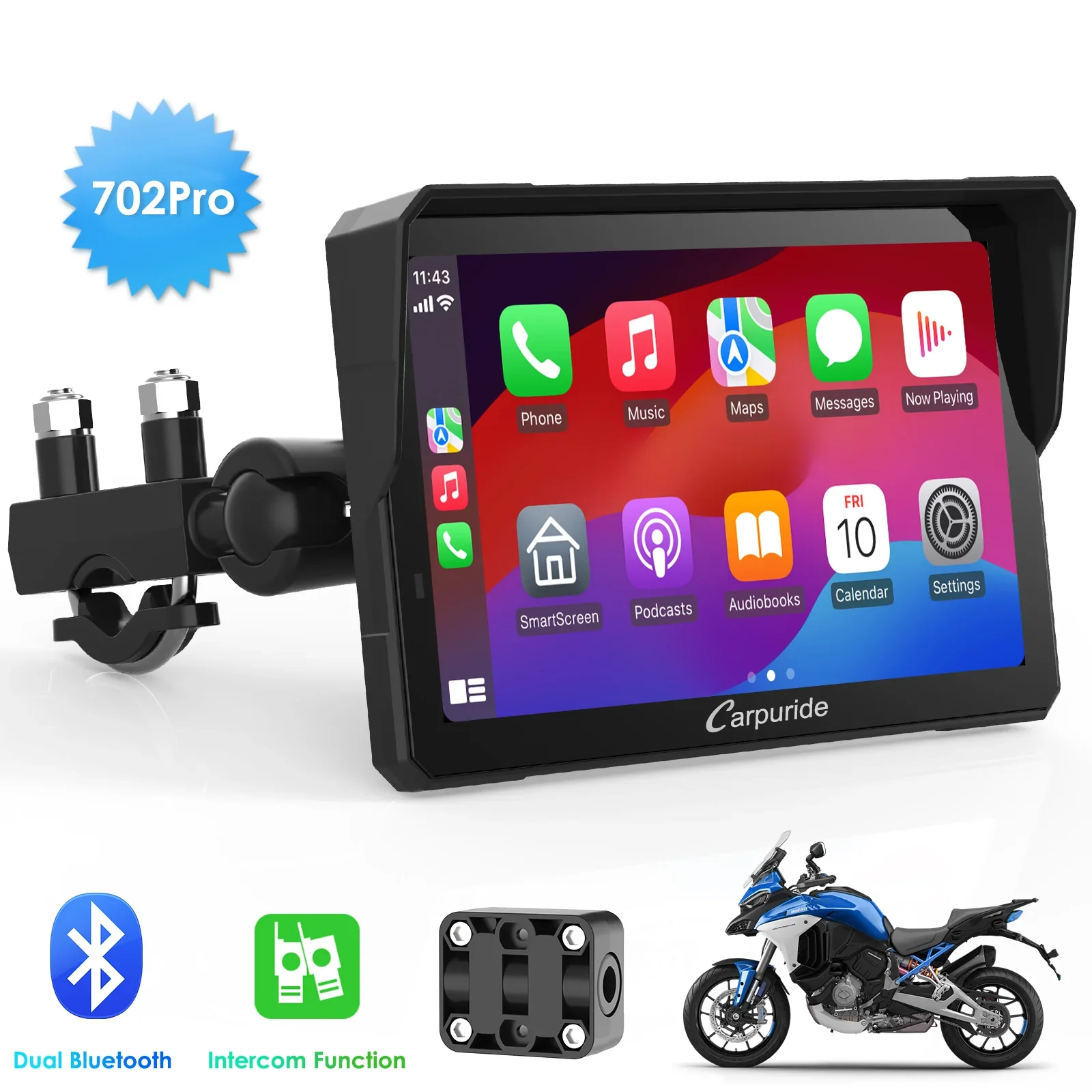 Carpuride W502Pro/ W702 Pro with TPMS Option | Wireless Portable Motorcycle Stereo Featuring Dual Bluetooth, Intercom, Compass & Barometer