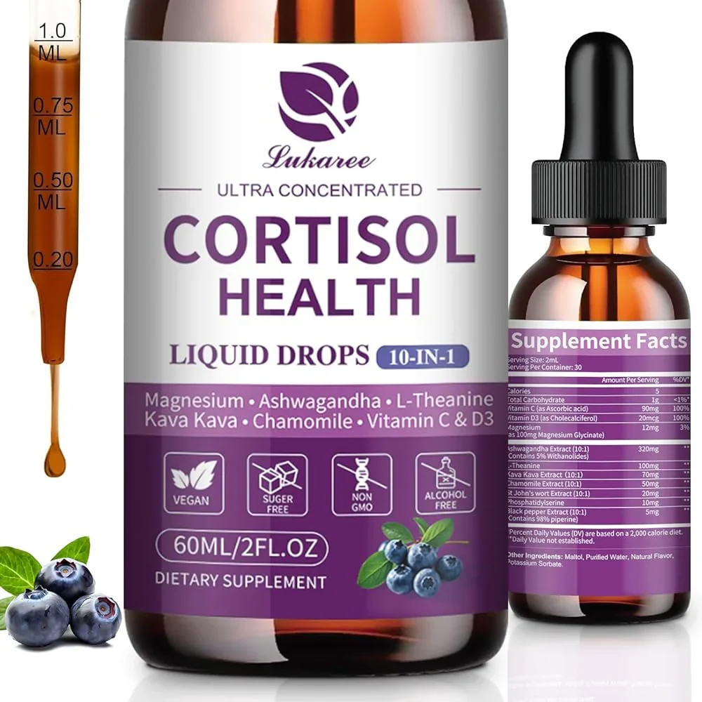 Cortisol Support Drops 9-in-1 with KSM-66® Ashwagandha | Stress Relief, Mood & Sleep Support – Blueberry Flavor