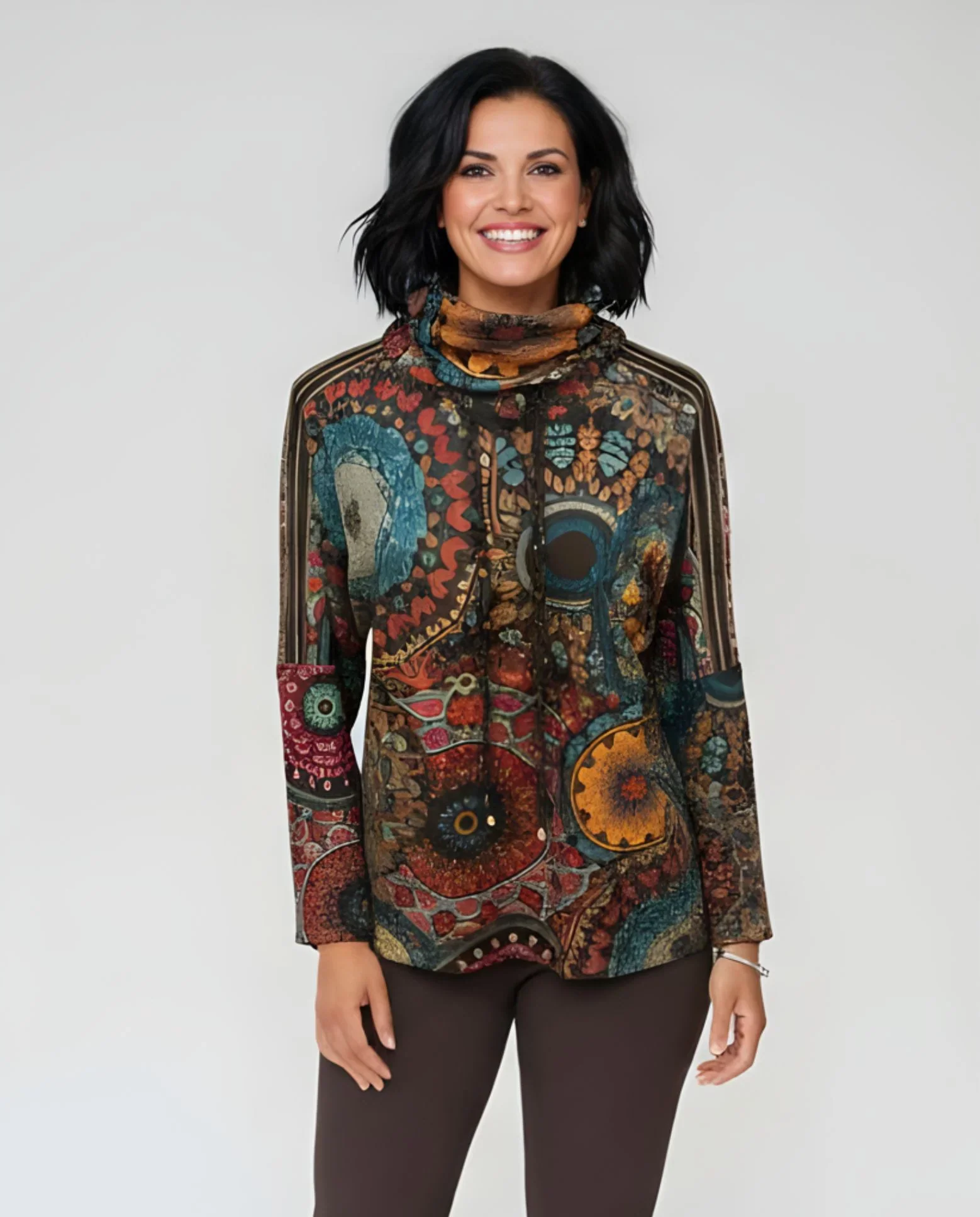 Sueter Estampada Con Cuello Buche Ajustable  Marrón