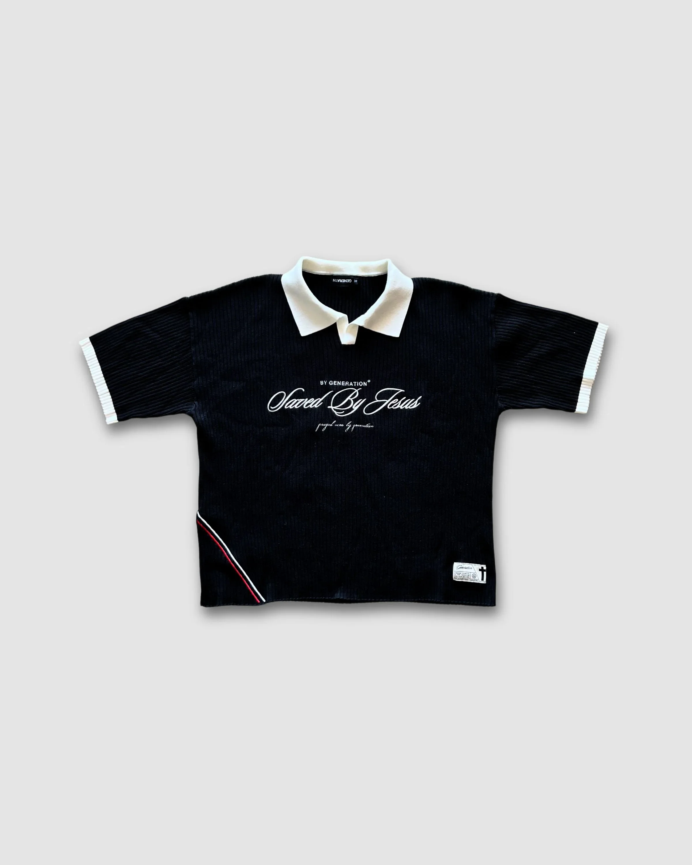 "SAVED BY JESUS" - BLACK KNIT POLO
