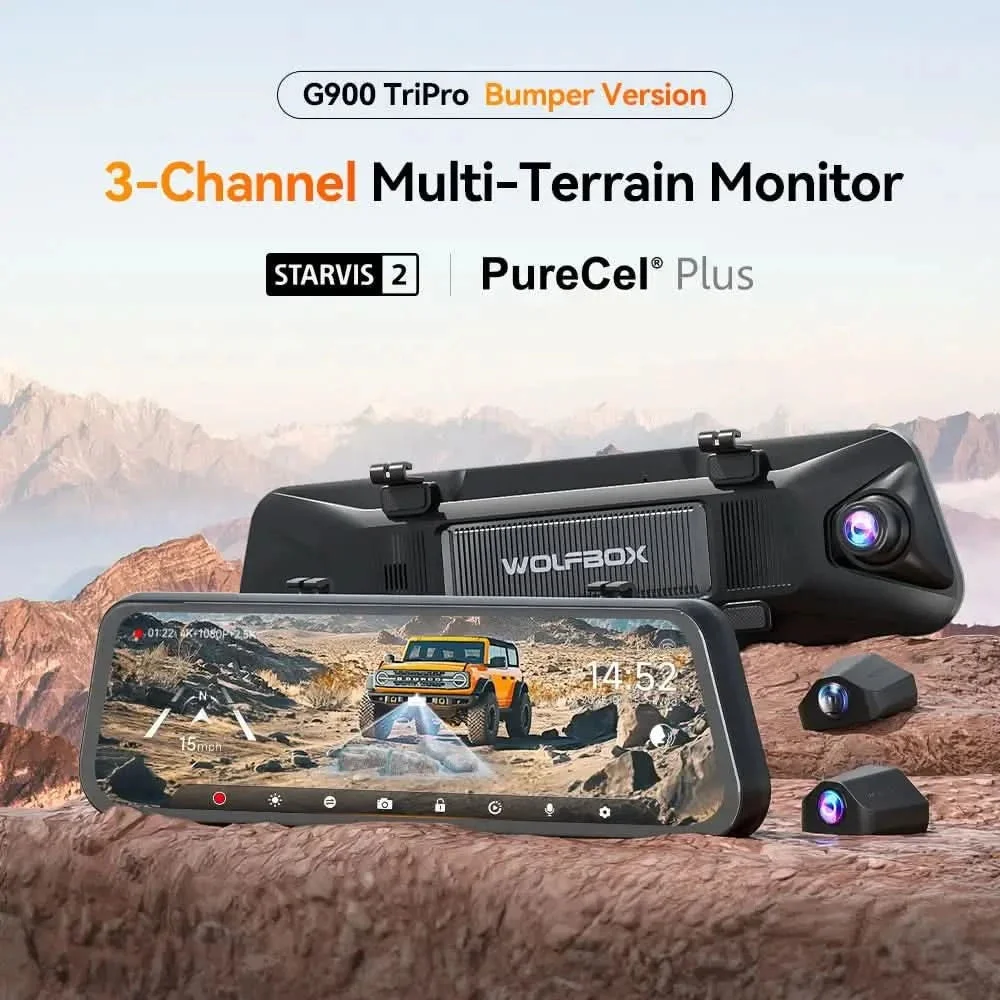 WOLFBOX G900 TriPro Bumper Version 3 Channel Rearview Mirror with Exclusive 30-Month Warranty