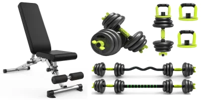 Strongway Adjustable 6 in 1 Dumbbell Barbell Kettlebell Push Up Set - 20KG, 30KG and 40KG SETS with Adjustable Weight Bench